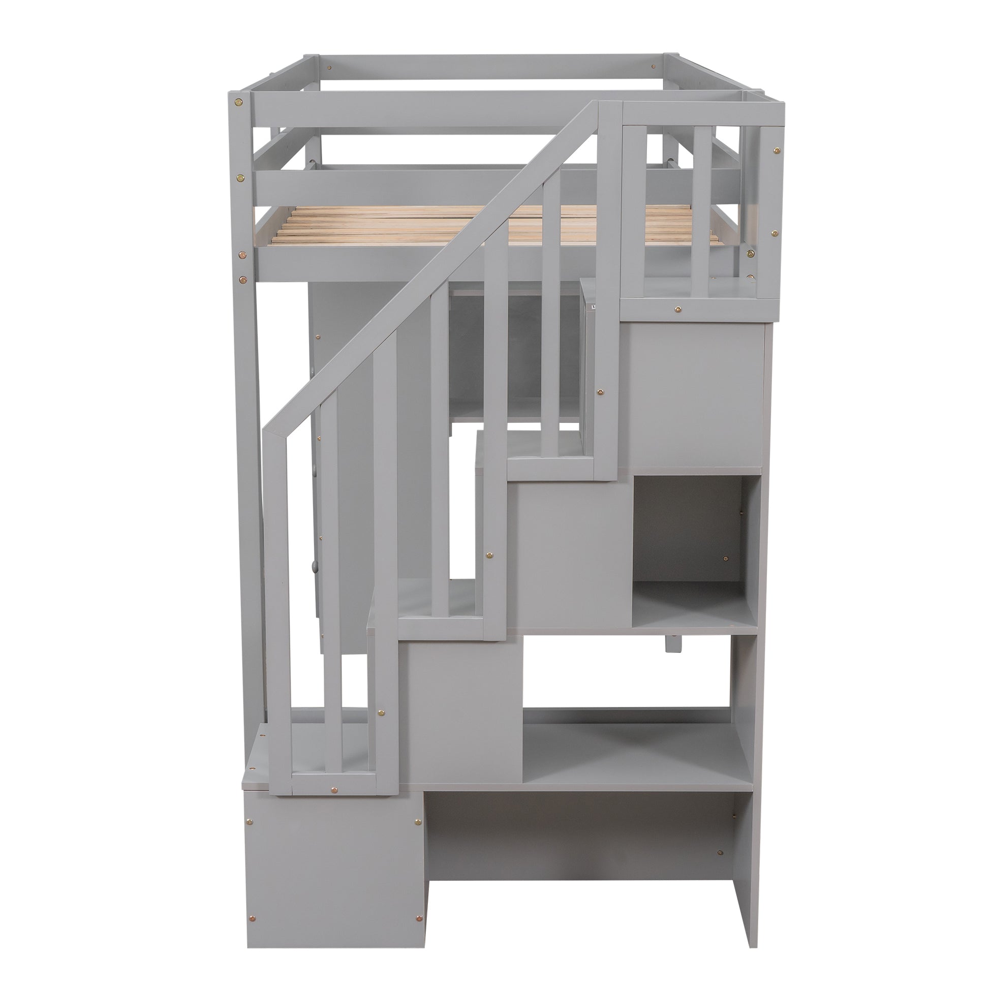 Twin Size Loft Bed With Storage Drawers And Stairs, Wooden Loft Bed With Shelves Gray Gray Solid Wood