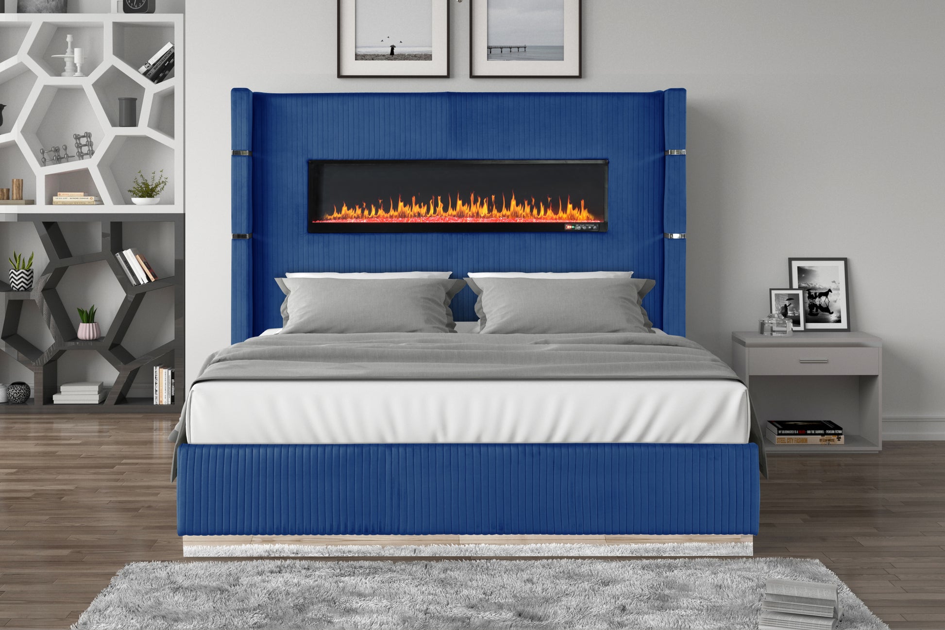 Lizelle Modern Style Upholstery Queen 4 Piece Includes: Queen Size Bed, Nightstanddresser, And Mirror Fireplace Bedroom Set Made With Wood In Blue Box Spring Required Queen Blue Wood 4 Piece Set Bedroom Bed Included,Dresser Included,Mirror