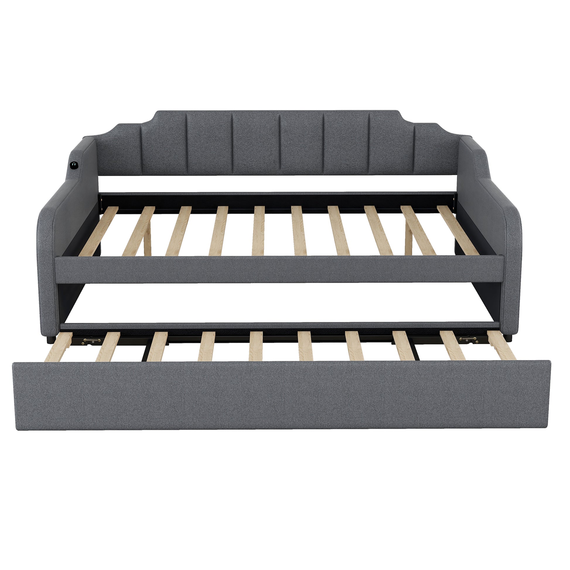 Full Size Upholstery Daybed With Trundle And Usb Charging Design,Trundle Can Be Flat Or Erected,Gray Full Gray Pine