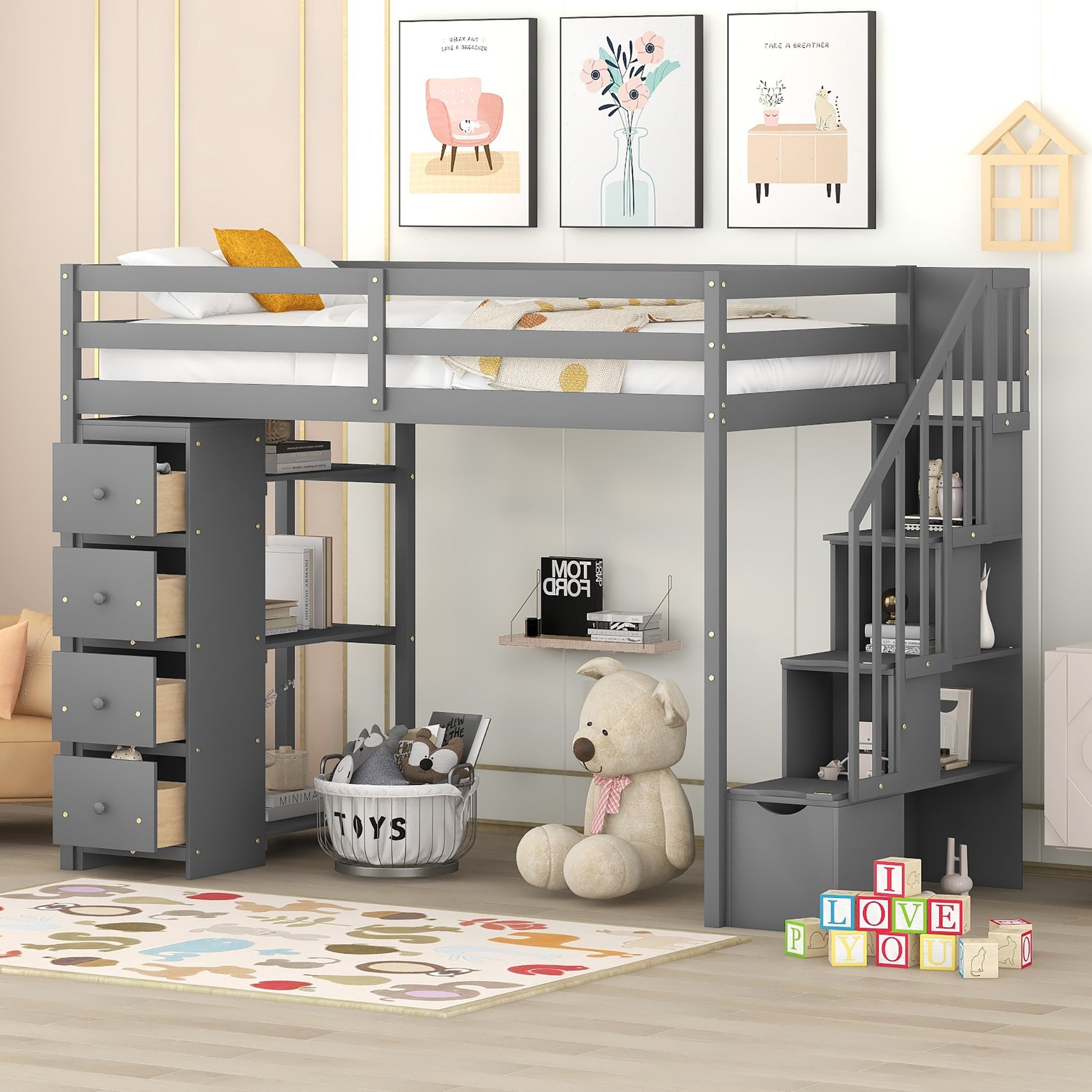 Twin Size Loft Bed With Storage Drawers And Stairs, Wooden Loft Bed With Shelves Gray Gray Solid Wood