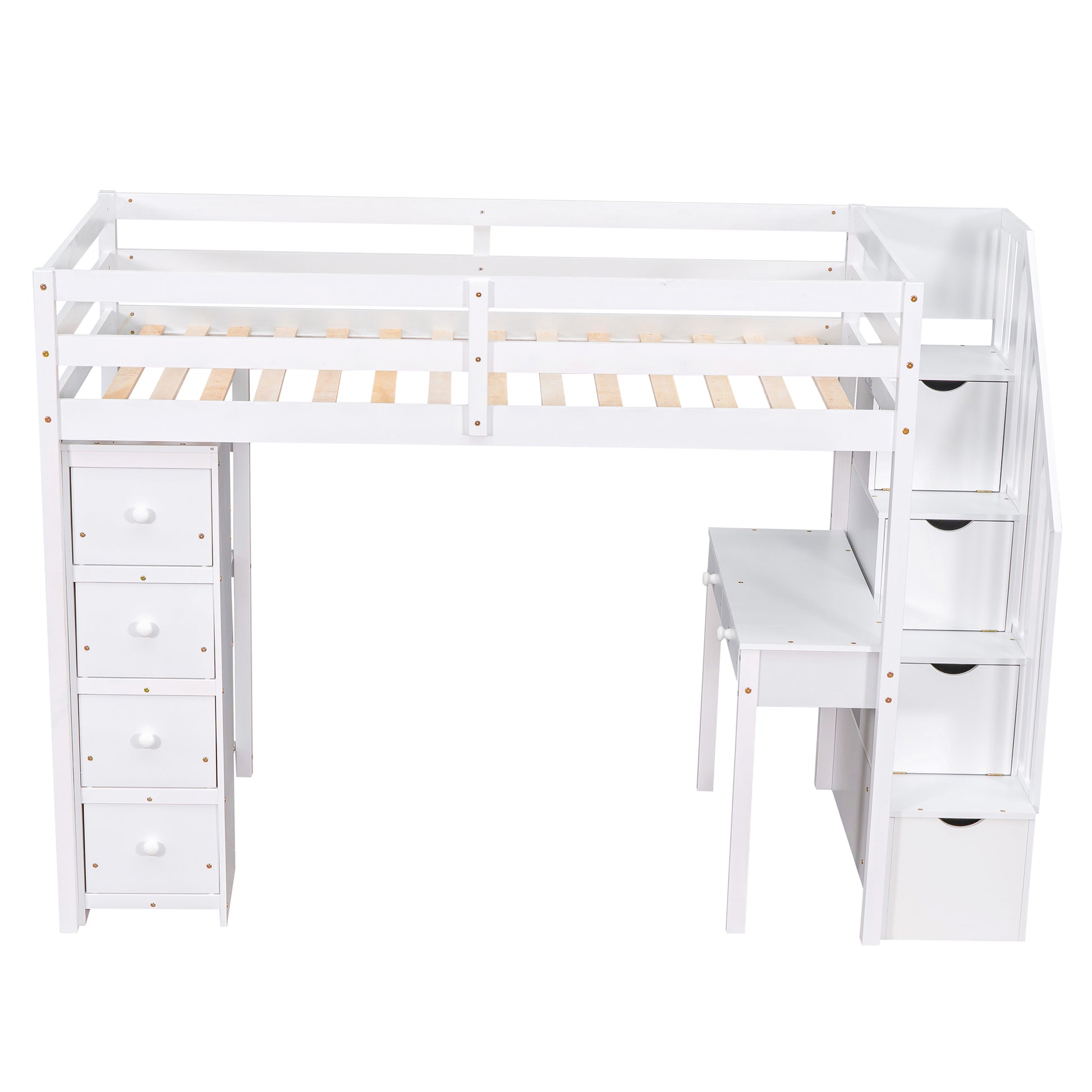 Twin Size Loft Bed With Storage Drawers ,Desk And Stairs, Wooden Loft Bed With Shelves White White Solid Wood