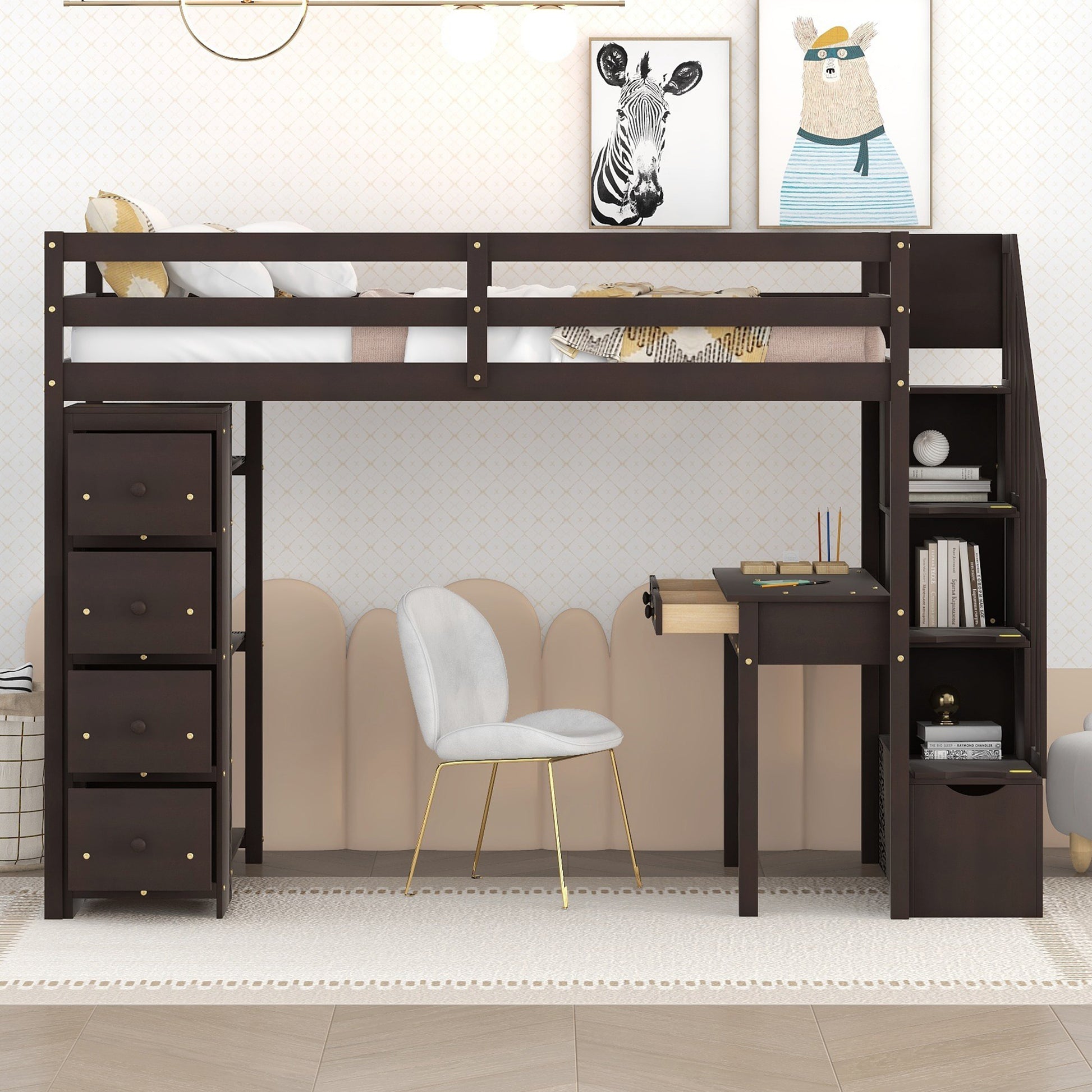 Twin Size Loft Bed With Storage Drawers ,Desk And Stairs, Wooden Loft Bed With Shelves Espresso Espresso Solid Wood