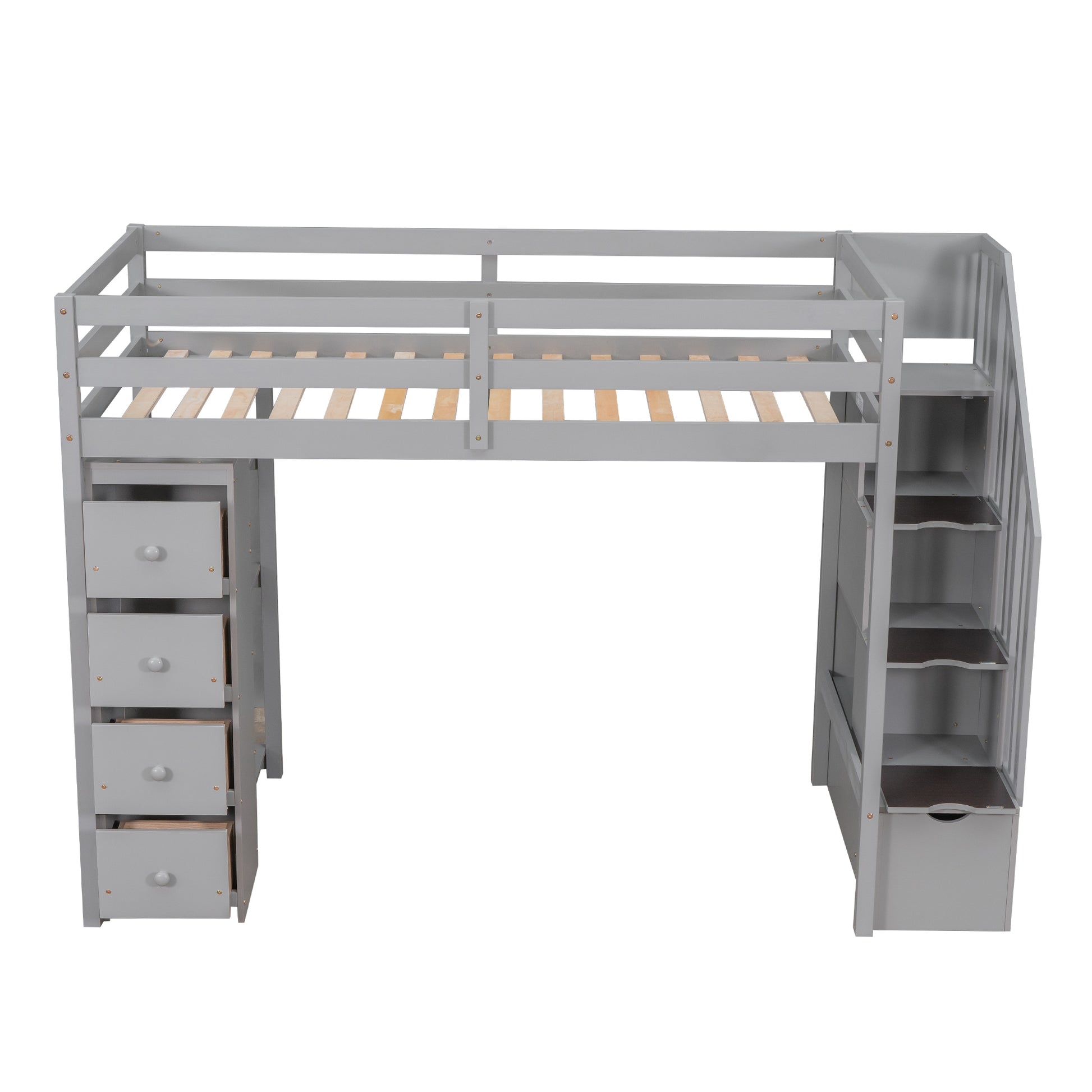 Twin Size Loft Bed With Storage Drawers And Stairs, Wooden Loft Bed With Shelves Gray Gray Solid Wood