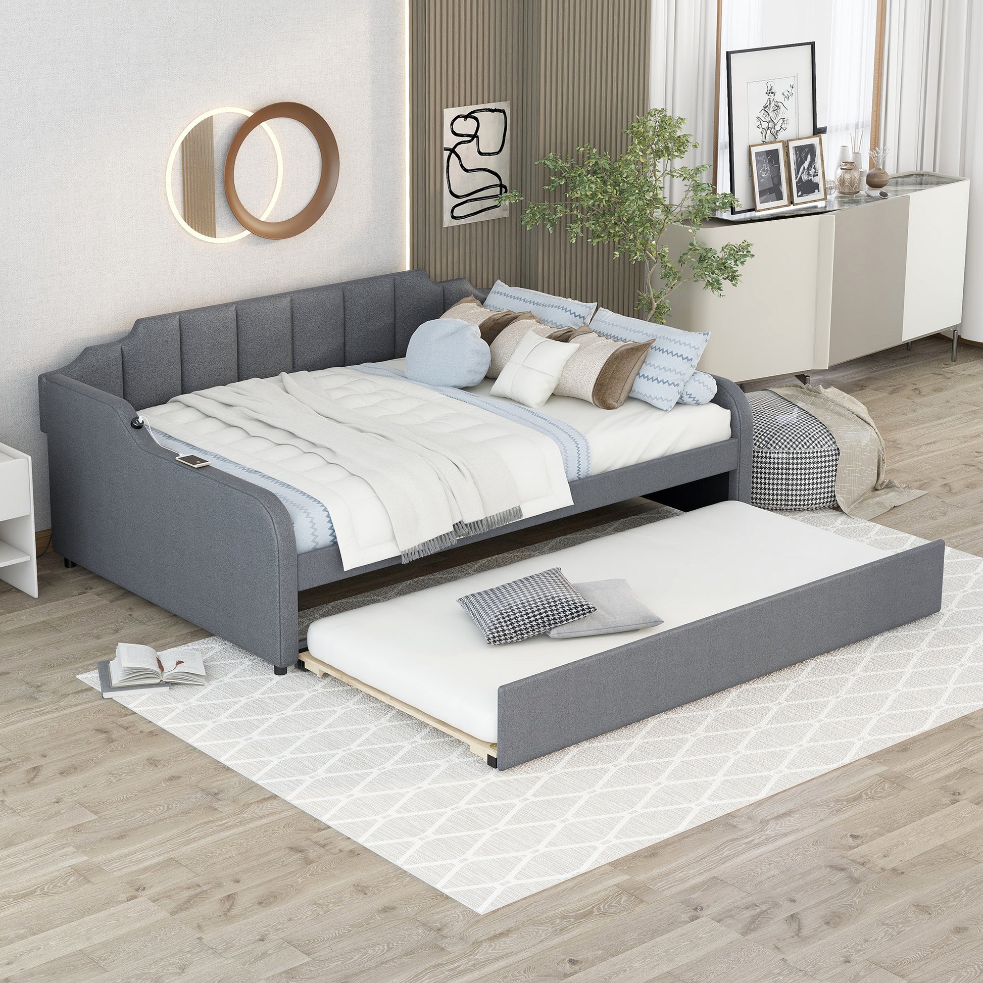 Full Size Upholstery Daybed With Trundle And Usb Charging Design,Trundle Can Be Flat Or Erected,Gray Full Gray Pine