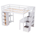 Twin Size Loft Bed With Storage Drawers ,Desk And Stairs, Wooden Loft Bed With Shelves White White Solid Wood