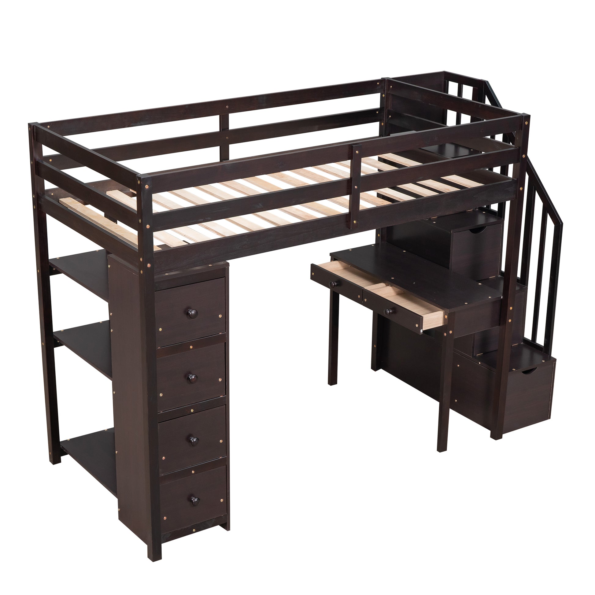 Twin Size Loft Bed With Storage Drawers ,Desk And Stairs, Wooden Loft Bed With Shelves Espresso Espresso Solid Wood