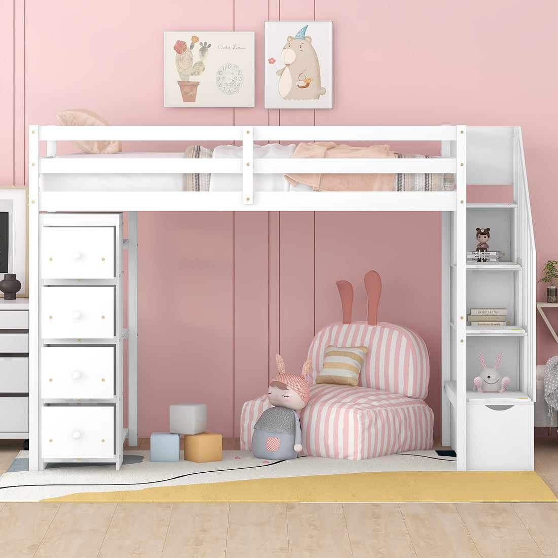 Twin Size Loft Bed With Storage Drawers And Stairs, Wooden Loft Bed With Shelves White White Solid Wood