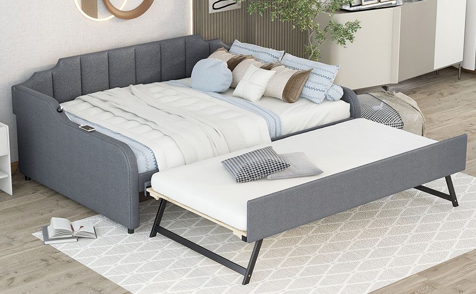 Full Size Upholstery Daybed With Trundle And Usb Charging Design,Trundle Can Be Flat Or Erected,Gray Full Gray Pine