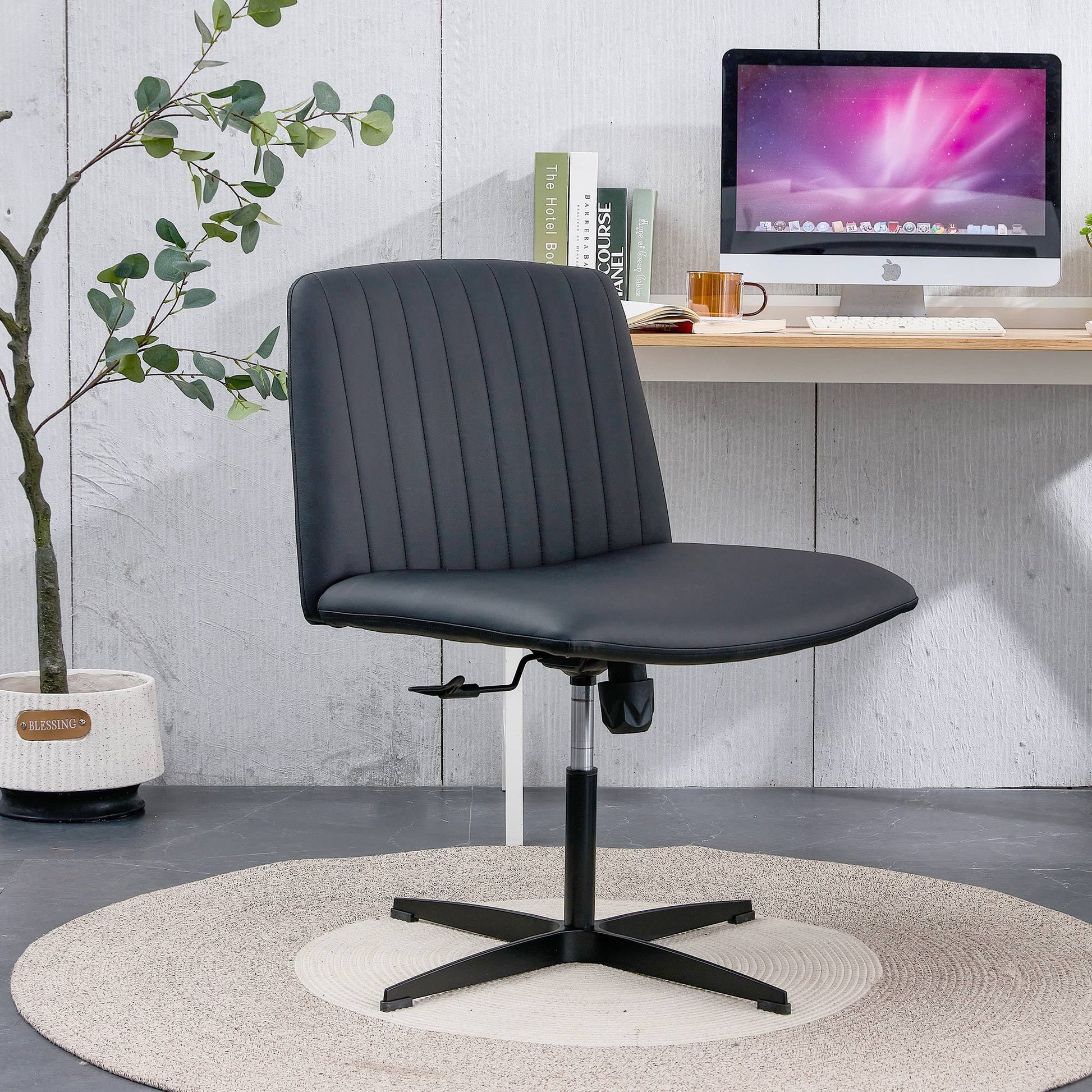 Black High Grade Pu Material. Home Computer Chair Office Chair Adjustable 360 Swivel Cushion Chair With Black Foot Swivel Chair Makeup Chair Study Desk Chair. No Wheelsw115167391 Black Foam Pu