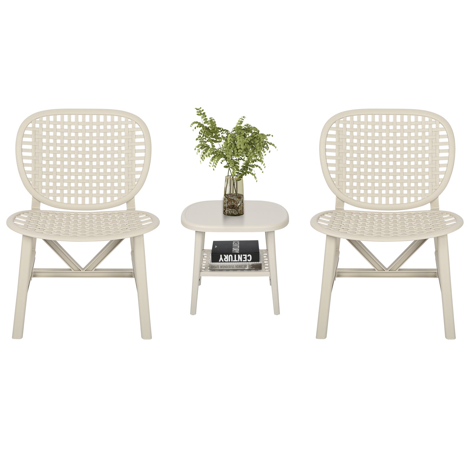 3 Pieces Hollow Design Retro Patio Table Chair Set All Weather Conversation Bistro Set Outdoor Table With Open Shelf And Lounge Chairs With Widened Seat For Balcony Garden Yard White White Polypropylene