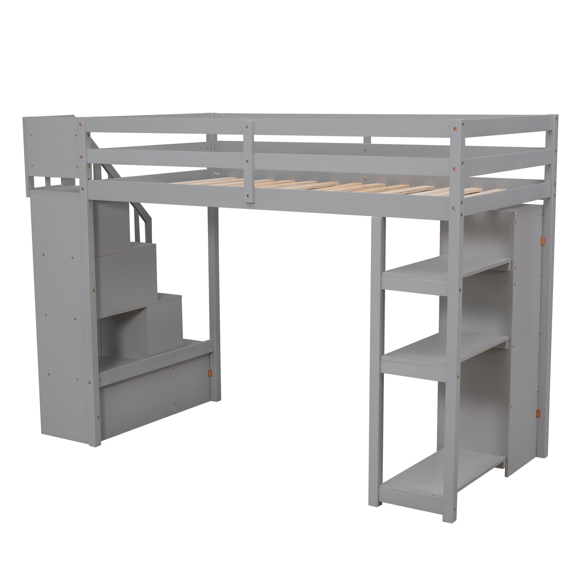 Twin Size Loft Bed With Storage Drawers And Stairs, Wooden Loft Bed With Shelves Gray Gray Solid Wood