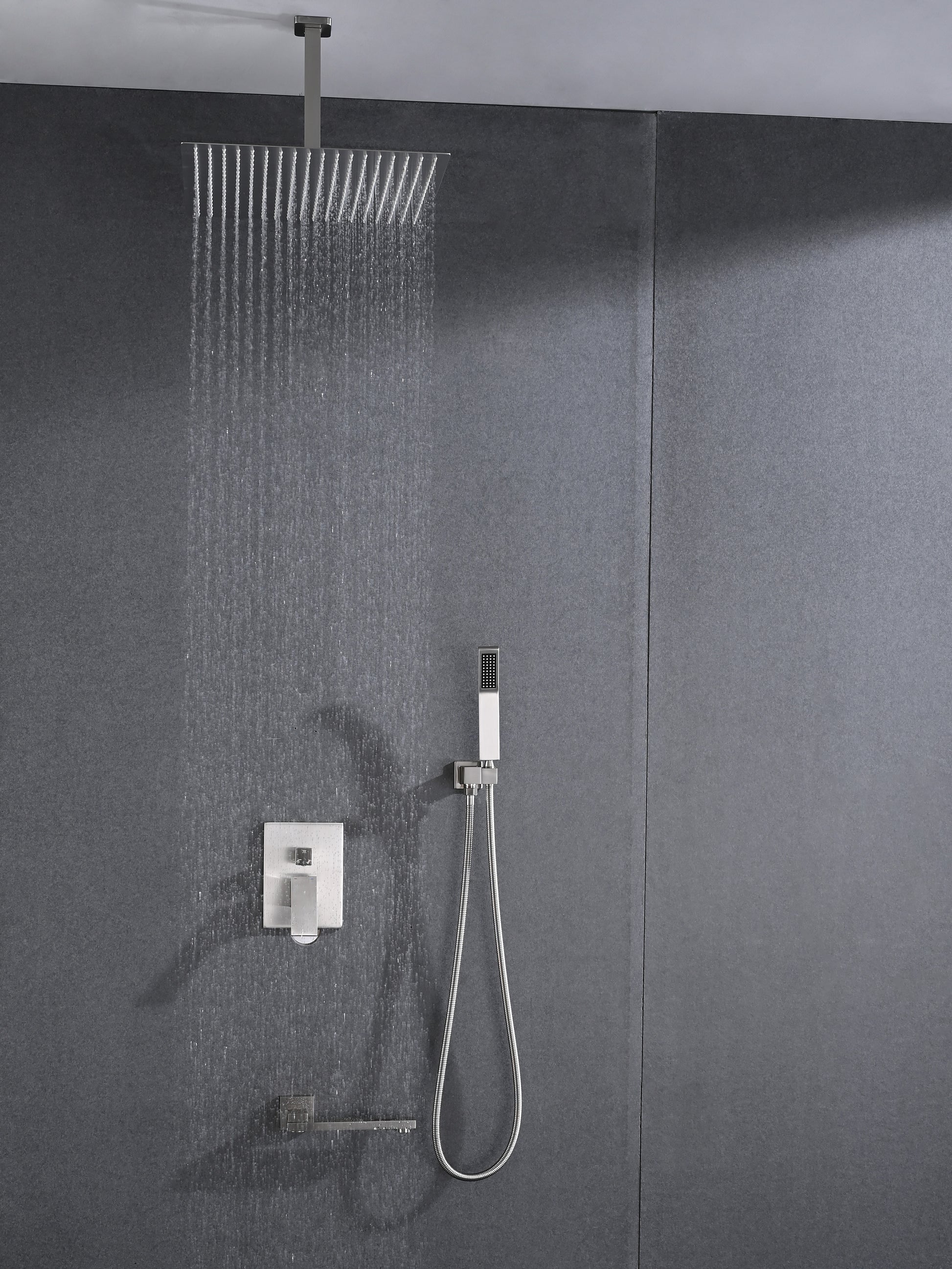 Ceiling Mounted Shower System Combo Set With Handheld And 16"Shower Head Brushed Nickel Stainless Steel