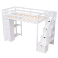 Twin Size Loft Bed With Storage Drawers And Stairs, Wooden Loft Bed With Shelves White White Solid Wood