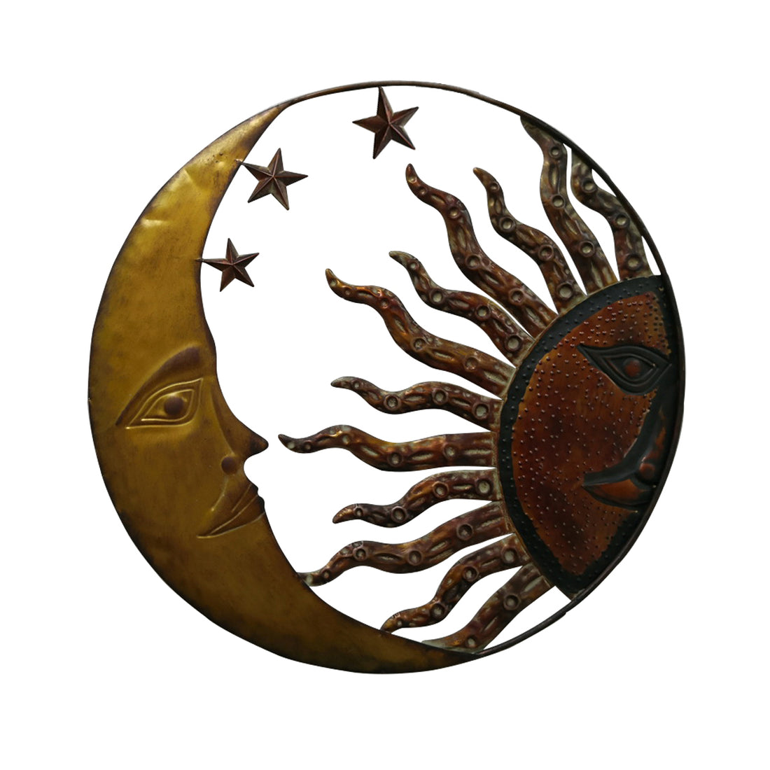 21 Inch Handcrafted Sun And Moon Accent Wall Decor, Round Metal Wall Mount, Rustic Gold, Bronze Gold Metal