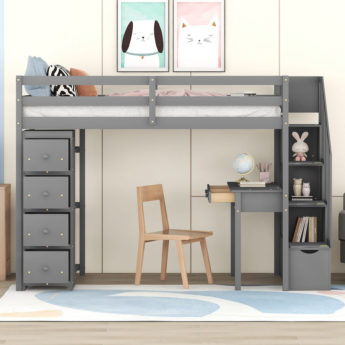 Twin Size Loft Bed With Storage Drawers ,Desk And Stairs, Wooden Loft Bed With Shelves Gray Gray Solid Wood