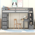 Twin Size Loft Bed With Storage Drawers ,Desk And Stairs, Wooden Loft Bed With Shelves Gray Gray Solid Wood