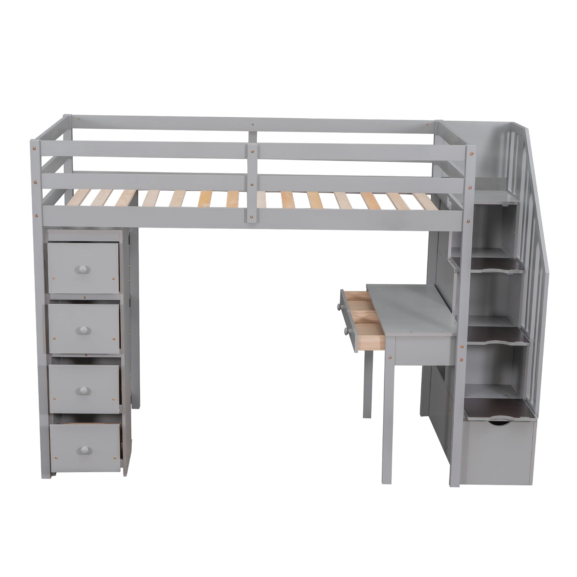 Twin Size Loft Bed With Storage Drawers ,Desk And Stairs, Wooden Loft Bed With Shelves Gray Gray Solid Wood