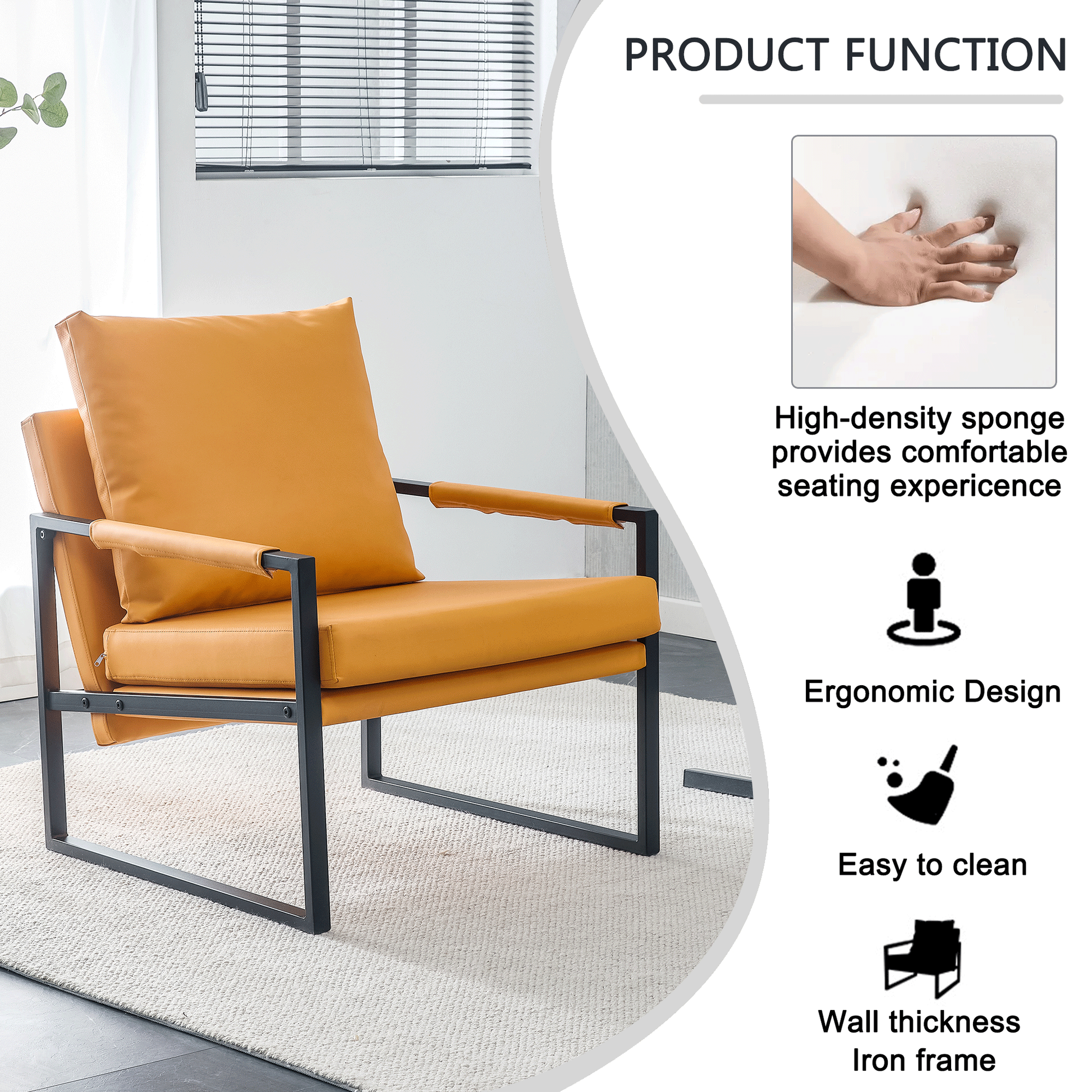 Pu Leather Accent Arm Chair Mid Century Upholstered Armchair With Metal Frame Extra Thick Padded Backrest And Seat Cushion Sofa Chairs For Living Room Orange Pu Leather Metal Frame Foam Sf 008 Orange Foam Pu