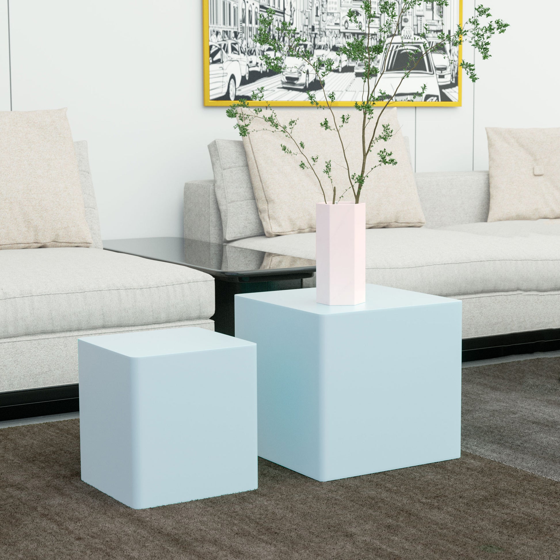 Nesting Table Set Of 2 Mdf Side Table Blue Light Blue Mdf