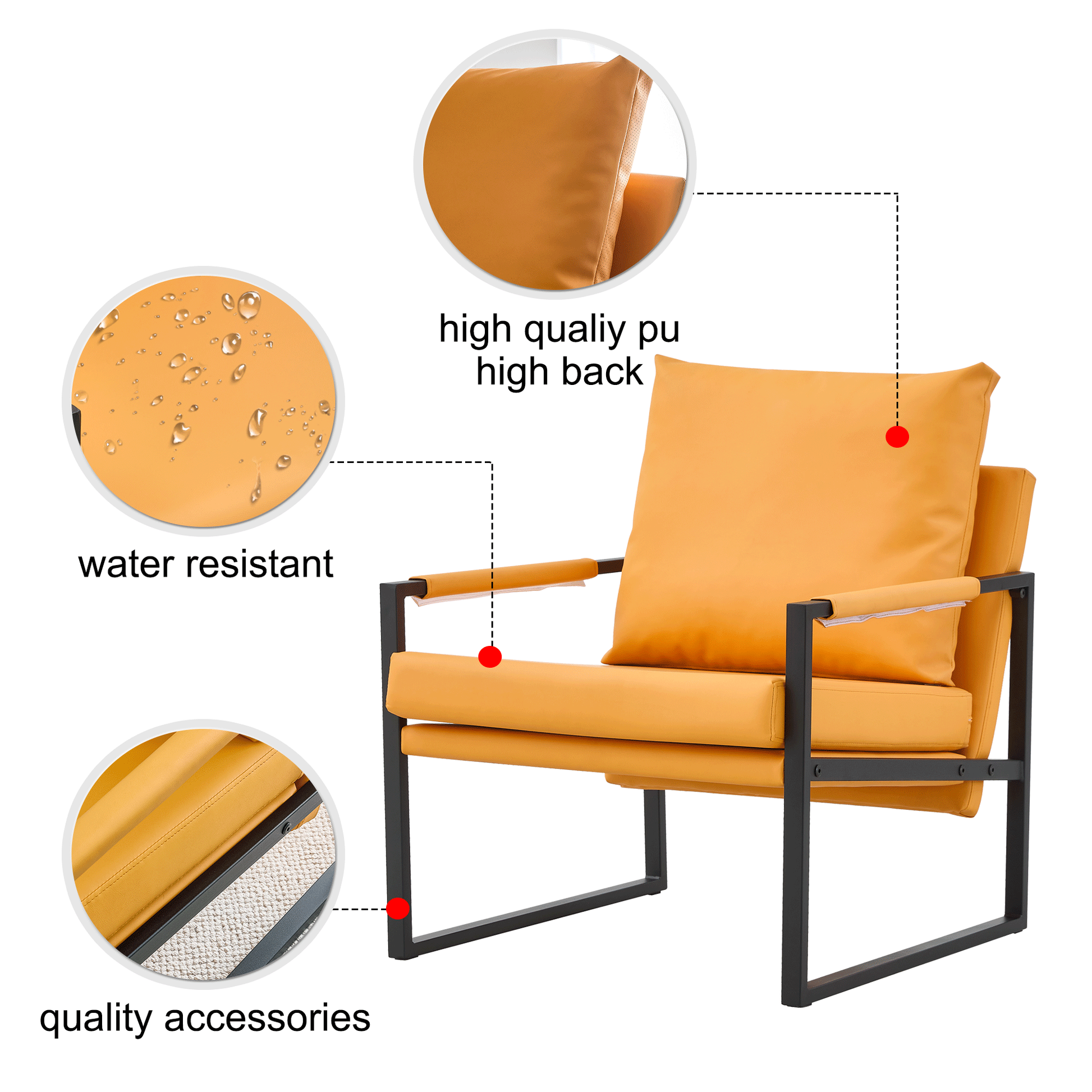 Pu Leather Accent Arm Chair Mid Century Upholstered Armchair With Metal Frame Extra Thick Padded Backrest And Seat Cushion Sofa Chairs For Living Room Orange Pu Leather Metal Frame Foam Sf 008 Orange Foam Pu