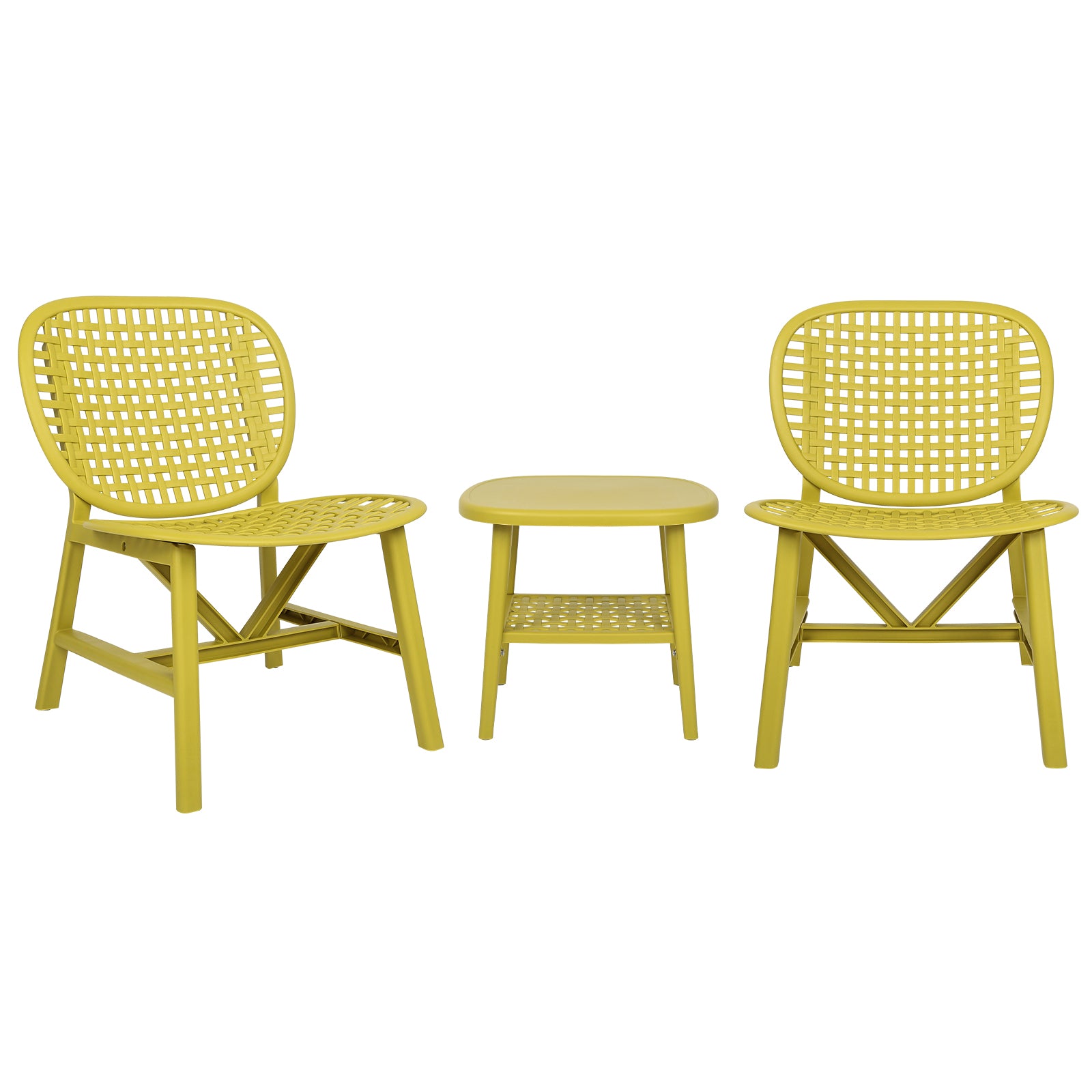 3 Pieces Hollow Design Patio Table Chair Set All Weather Conversation Bistro Set Outdoor Coffee Table With Open Shelf And Lounge Chairs With Widened Seat For Balcony Garden Yard Yellow Yellow Polypropylene