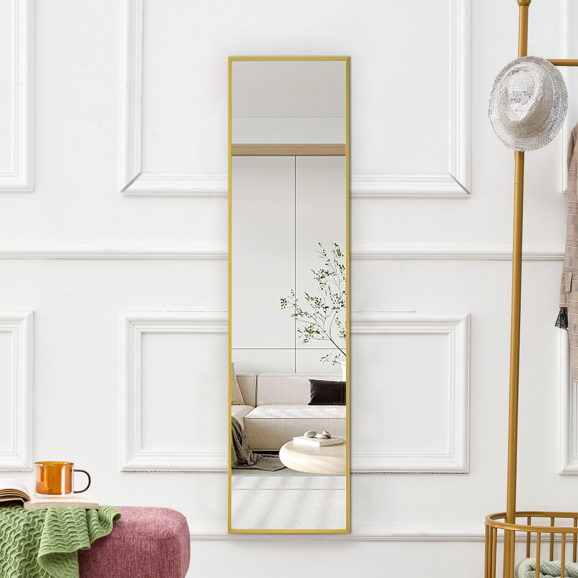 Aluminium Alloy Metal Frame Wall Mounted Full Body Mirror ,Bathroom Vanity Mirror, Bedroom Home Porch, Decorative Mirror, Clothing Store, Floor Mounted Large Mirror,.Golden 63"*20" Golden Glass