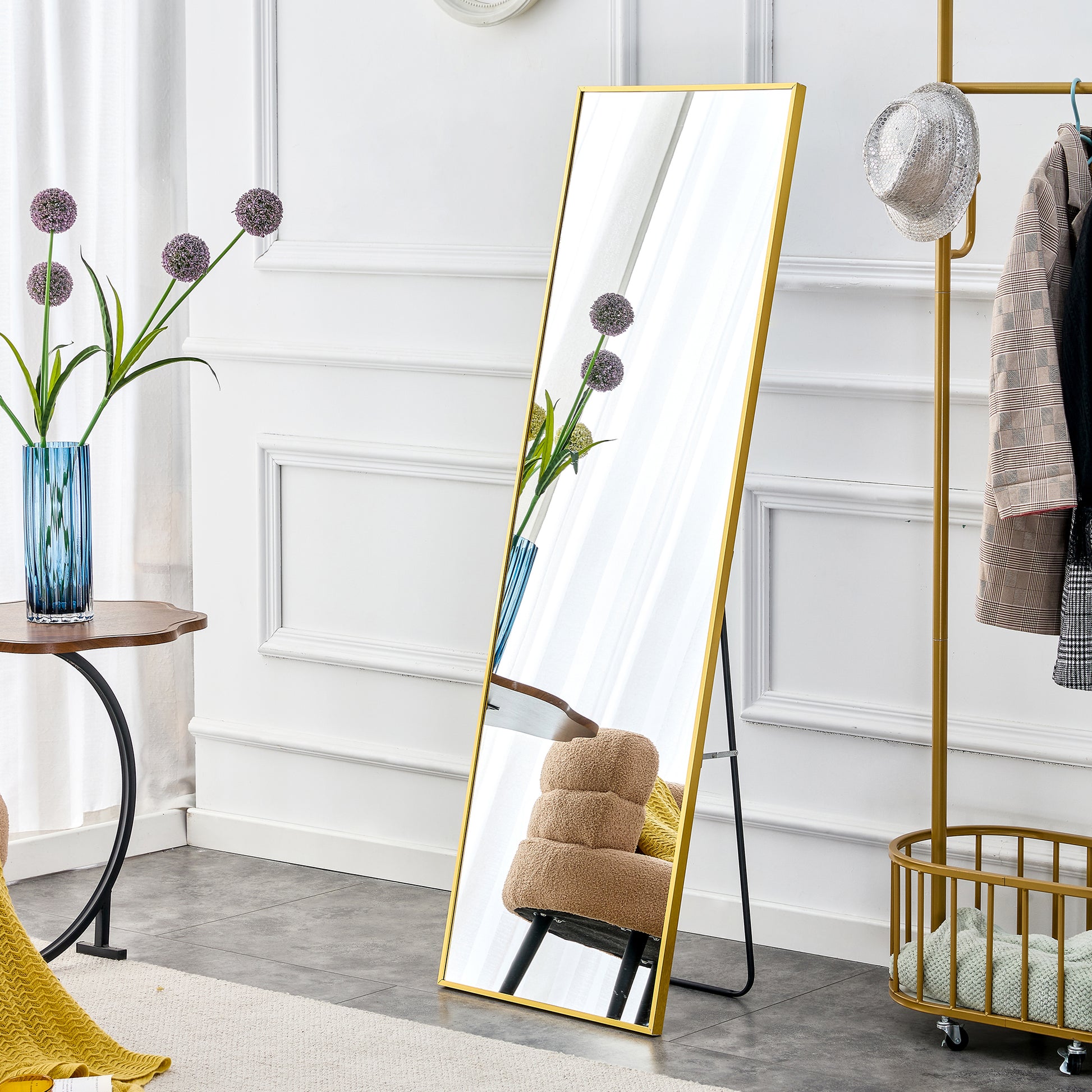 Aluminium Alloy Metal Frame Wall Mounted Full Body Mirror ,Bathroom Vanity Mirror, Bedroom Home Porch, Decorative Mirror, Clothing Store, Floor Mounted Large Mirror,.Golden 63"*20" Golden Glass