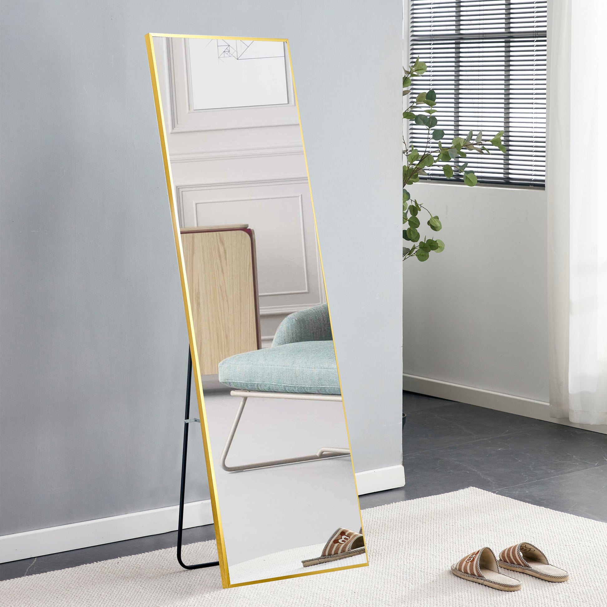 Aluminum Alloy Metal Frame Wall Mounted Full Length Mirror, Bathroom Vanity Mirror, Bedroom Home Porch, Decorative Mirror, Clothing Mirror, Floor To Ceiling Large Mirror. Gold 63"*20" W115158166 Gold Glass