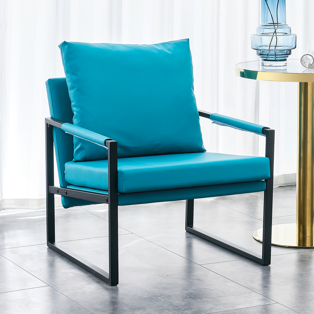 Pu Leather Accent Arm Chair Mid Century Modern Upholstered Armchair With Metal Frame Extra Thick Padded Backrest And Seat Cushion Sofa Chairs For Living Room Cyan Pu Leather Metal Foam Sf 008 Cyan Foam Pu