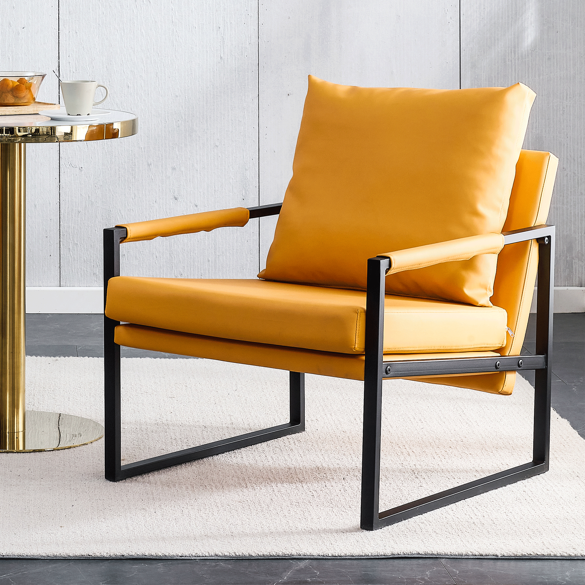 Pu Leather Armchair, Medieval Metal Frame Cushion Backrest Living Room Sofa Chair Orange Pu Leather Metal Frame Foam 2 Pieces Sf 008 Orange Foam Pu