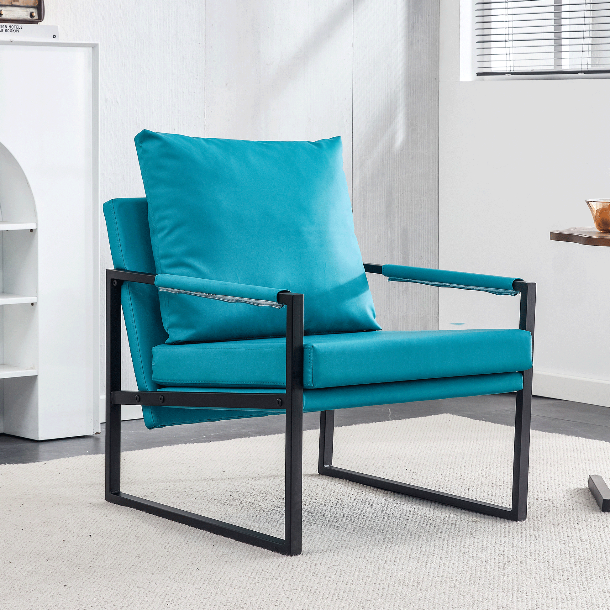 Pu Leather Accent Arm Chair Mid Century Modern Upholstered Armchair With Metal Frame Extra Thick Padded Backrest And Seat Cushion Sofa Chairs For Living Room Cyan Pu Leather Metal Foam Sf 008 Cyan Foam Pu