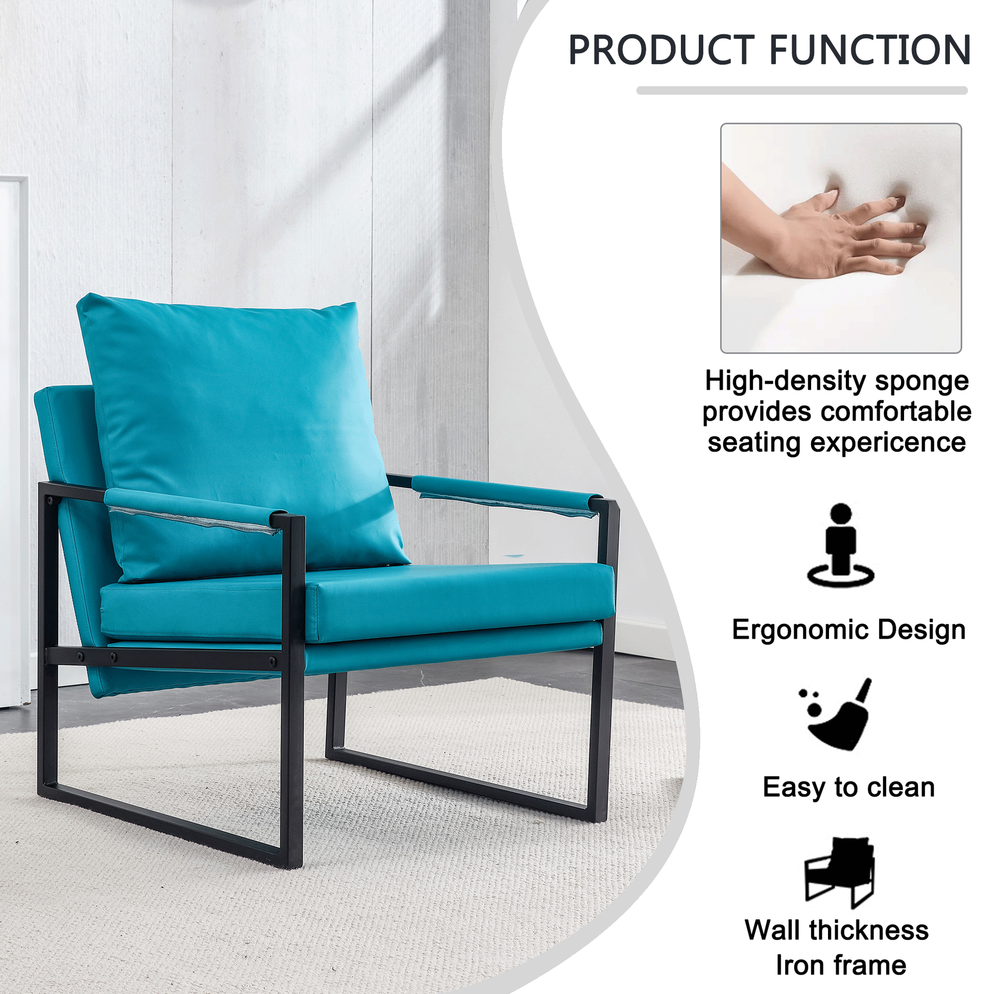 Pu Leather Accent Arm Chair Mid Century Modern Upholstered Armchair With Metal Frame Extra Thick Padded Backrest And Seat Cushion Sofa Chairs For Living Room Cyan Pu Leather Metal Foam Sf 008 Cyan Foam Pu