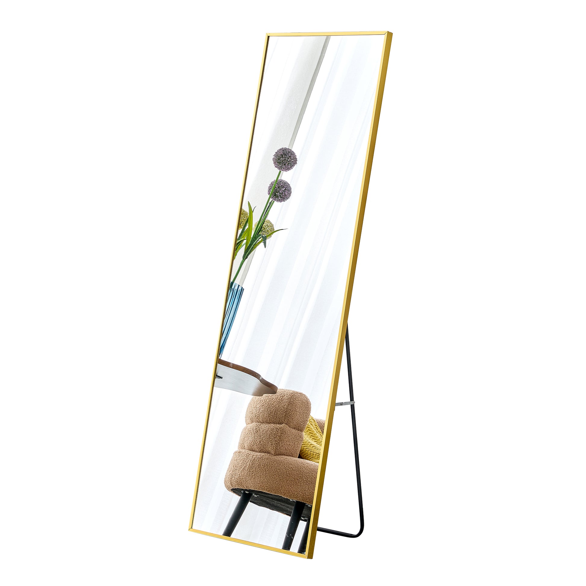 Aluminium Alloy Metal Frame Wall Mounted Full Body Mirror ,Bathroom Vanity Mirror, Bedroom Home Porch, Decorative Mirror, Clothing Store, Floor Mounted Large Mirror,.Golden 63"*20" Golden Glass