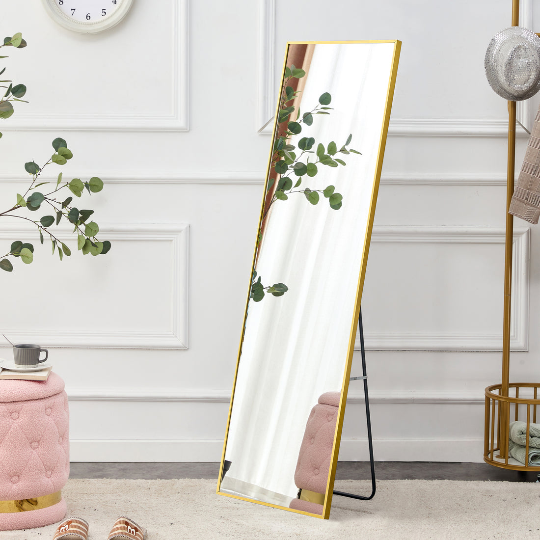 Aluminium Alloy Metal Frame Wall Mounted Full Body Mirror ,Bathroom Vanity Mirror, Bedroom Home Porch, Decorative Mirror, Clothing Store, Floor Mounted Large Mirror,.Golden 63"*20" Golden Glass