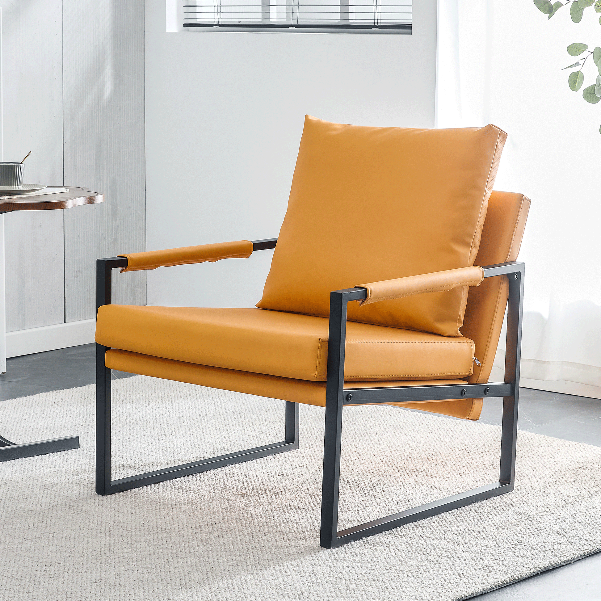 Pu Leather Armchair, Medieval Metal Frame Cushion Backrest Living Room Sofa Chair Orange Pu Leather Metal Frame Foam 2 Pieces Sf 008 Orange Foam Pu