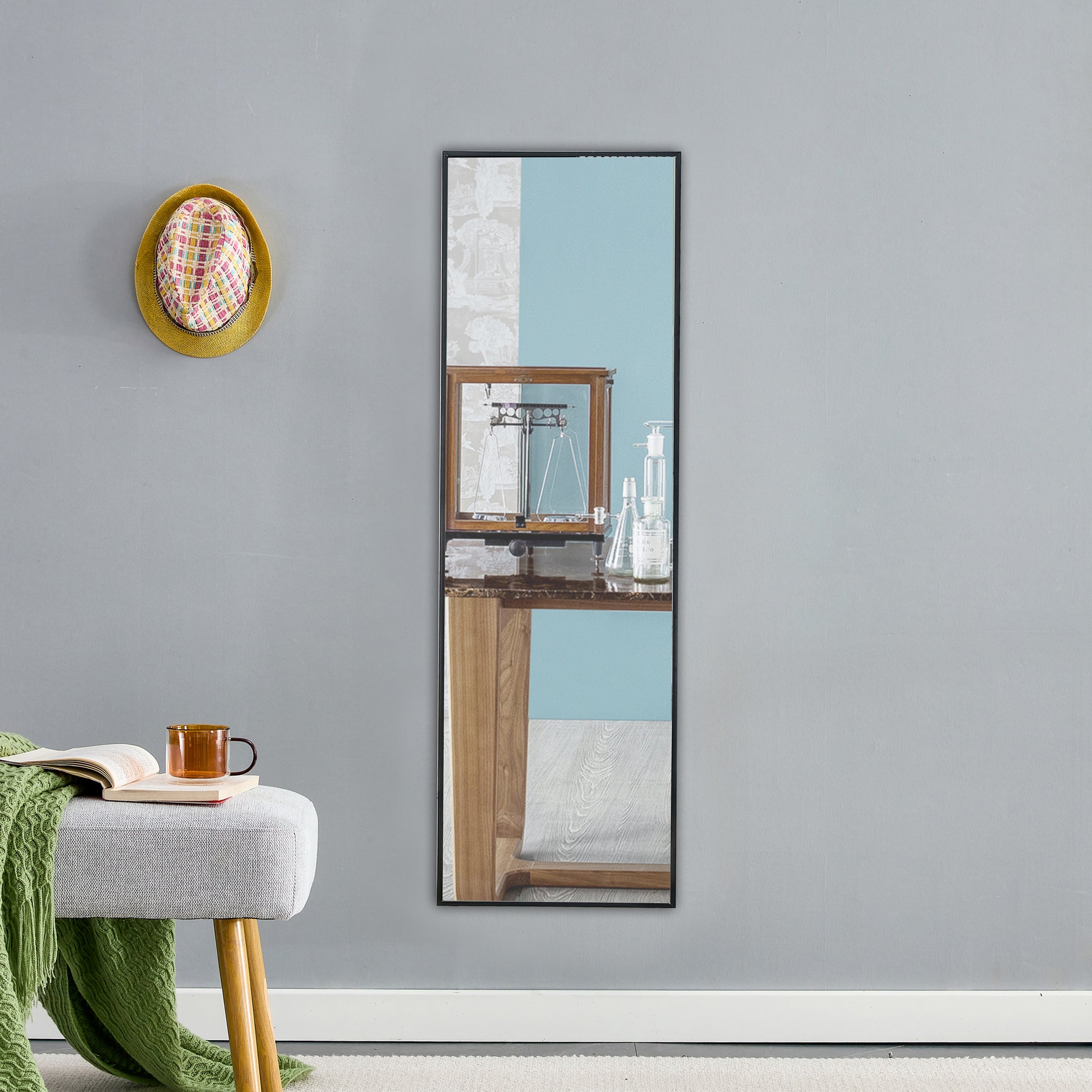 Full Length Mirror Aluminium Alloy Metal Frame Wall Mounted Full Body Mirror ,Bathroom Vanity Mirror, Bedroom Home Porch, Decorative Mirror, Clothing Store Black 48"*13.8"W115158169 Black Glass