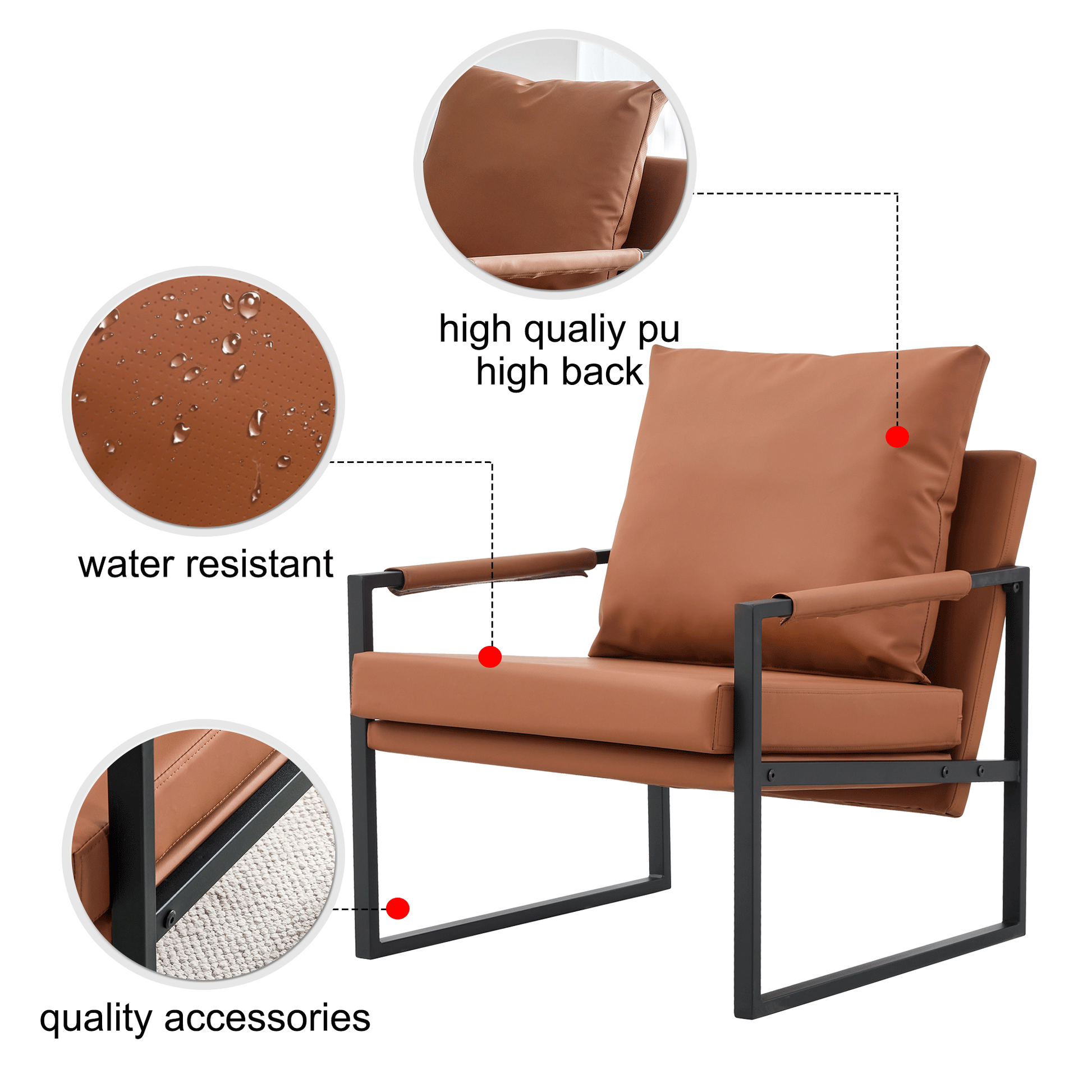 Pu Leather Accent Arm Chair Mid Century Upholstered Armchair With Metal Frame Extra Thick Padded Backrest And Seat Cushion Sofa Chairs For Living Room Brown Pu Leather Metal Frame Foam Sf 008 Brown Foam Pu