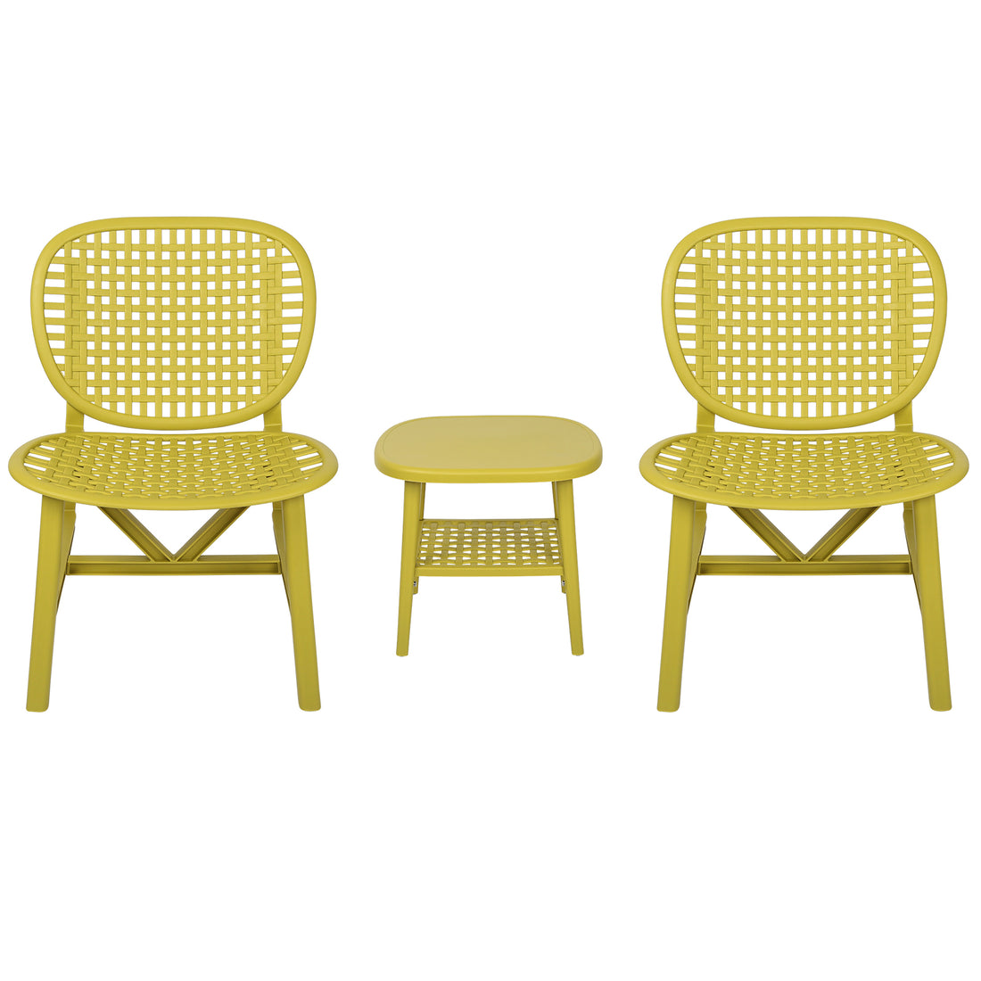 3 Pieces Hollow Design Patio Table Chair Set All Weather Conversation Bistro Set Outdoor Coffee Table With Open Shelf And Lounge Chairs With Widened Seat For Balcony Garden Yard Yellow Yellow Polypropylene