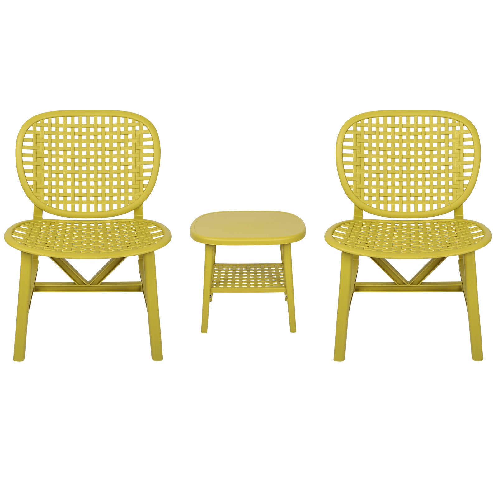 3 Pieces Hollow Design Patio Table Chair Set All Weather Conversation Bistro Set Outdoor Coffee Table With Open Shelf And Lounge Chairs With Widened Seat For Balcony Garden Yard Yellow Yellow Polypropylene