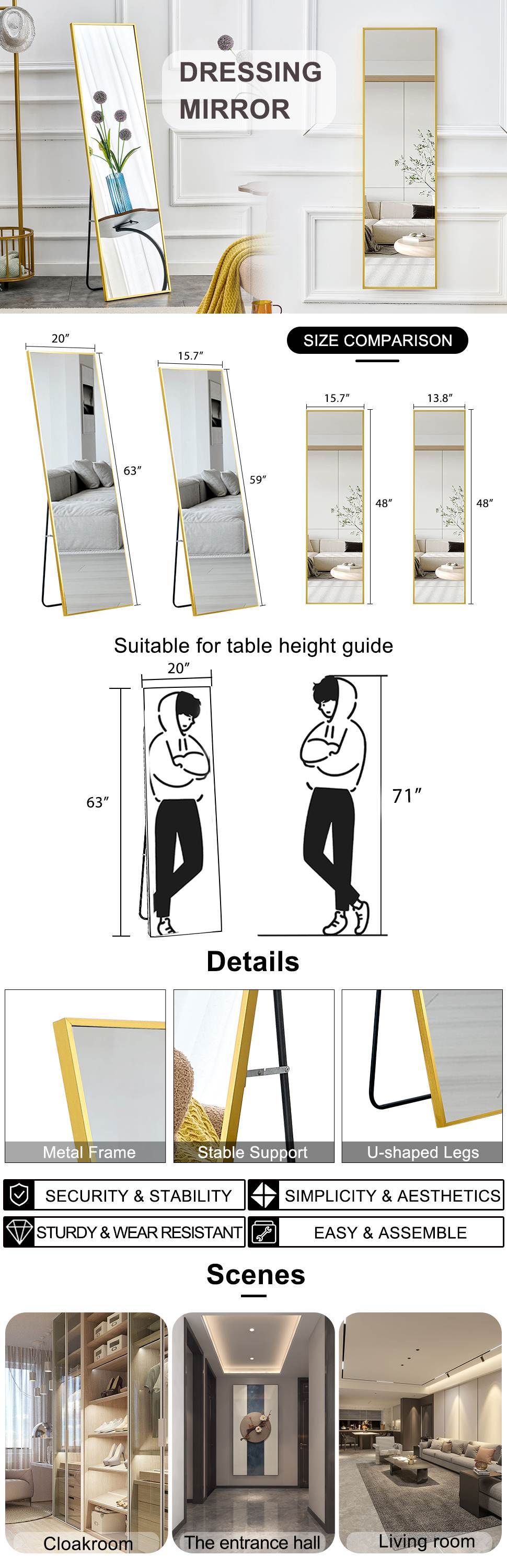 Aluminium Alloy Metal Frame Wall Mounted Full Body Mirror ,Bathroom Vanity Mirror, Bedroom Home Porch, Decorative Mirror, Clothing Store, Floor Mounted Large Mirror,.Golden 63"*20" Golden Glass