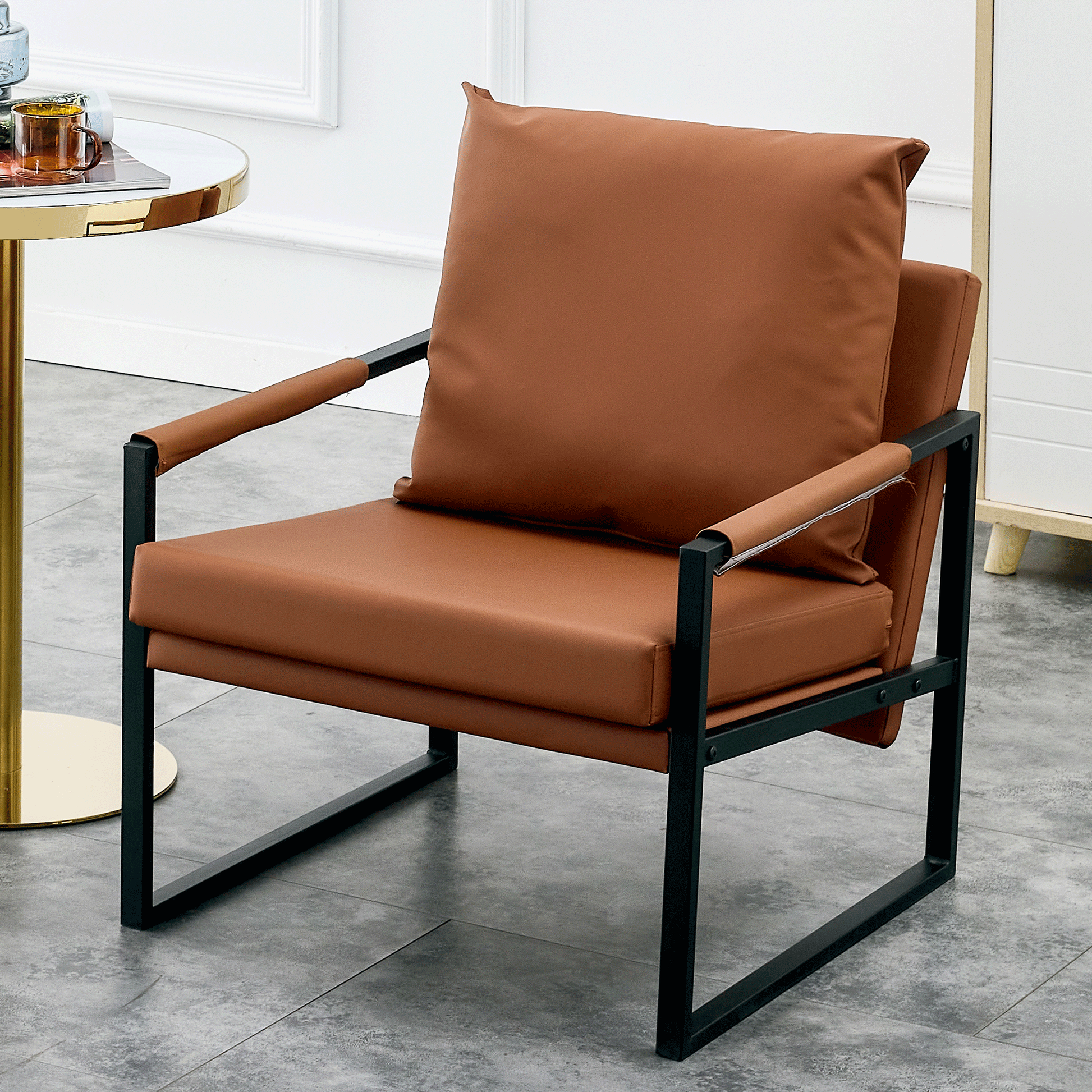Pu Leather Armchair Metal Frame Cushion Armchair, Cushion Backrest, Living Room Sofa 1 Double Sofa 2 Single Sofa Brown Pu Leather Metal Frame Foam Sf 008 Brown Foam Pu 4 Seat