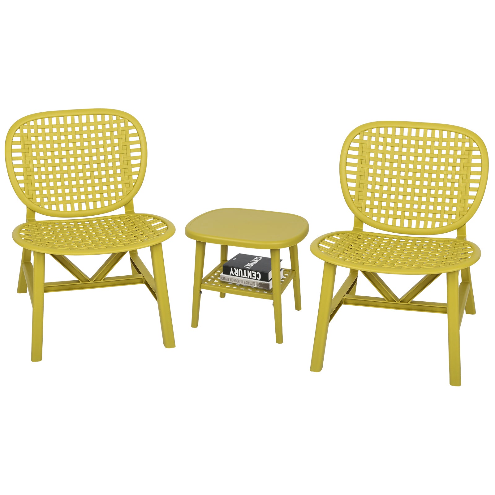 3 Pieces Hollow Design Patio Table Chair Set All Weather Conversation Bistro Set Outdoor Coffee Table With Open Shelf And Lounge Chairs With Widened Seat For Balcony Garden Yard Yellow Yellow Polypropylene