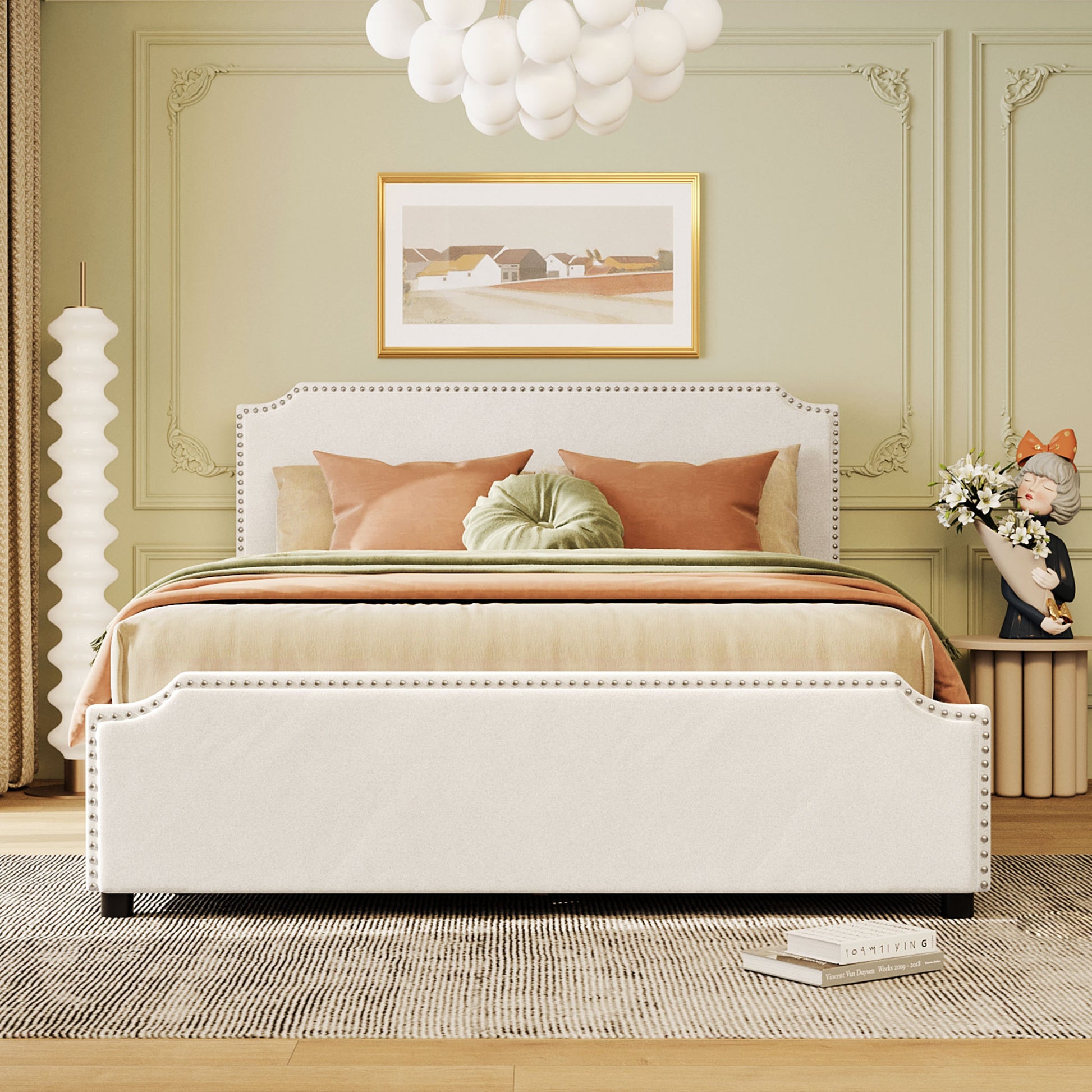 Upholstered Platform Bed With Stud Trim Headboard And Footboard And 4 Drawers No Box Spring Needed, Velvet Fabric, Queen Size Beige Beige Upholstered