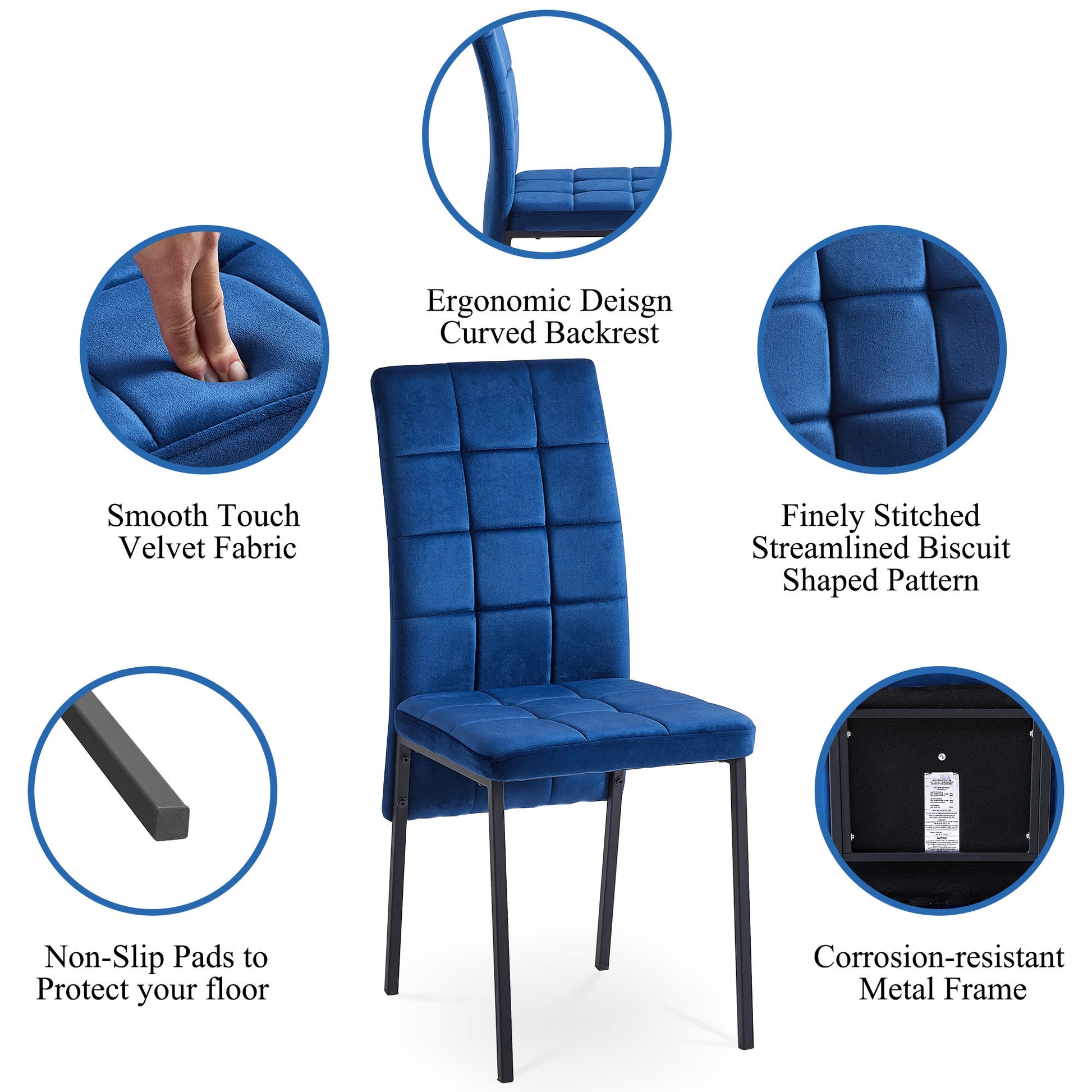 Dark Blue Velvet High Back Nordic Dining Chair Modern Fabric Chair With Black Legs, Set Of 4 Metal Plaid Dark Blue Dining Room Powder Coated Foam Dry Clean Modern Dining Chairs Solid Back Foam Velvet