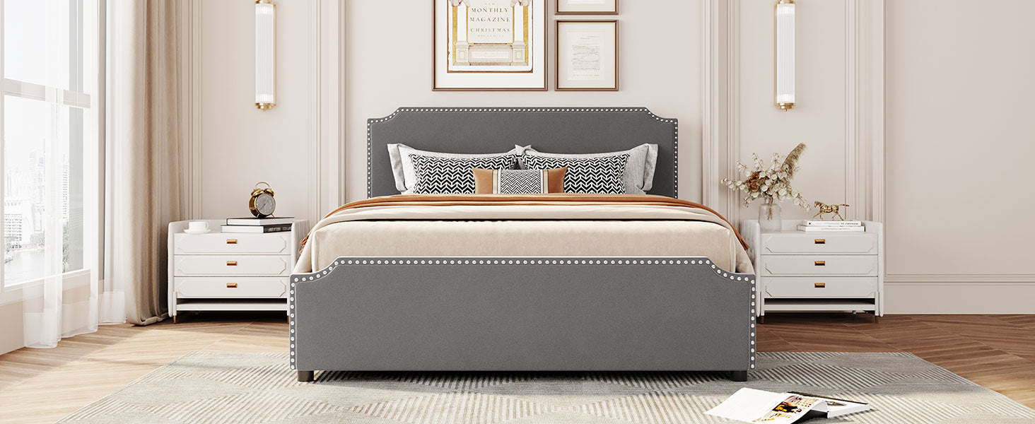 Upholstered Platform Bed With Stud Trim Headboard And Footboard And 4 Drawers No Box Spring Needed, Velvet Fabric, Queen Size Gray Queen Gray Upholstered