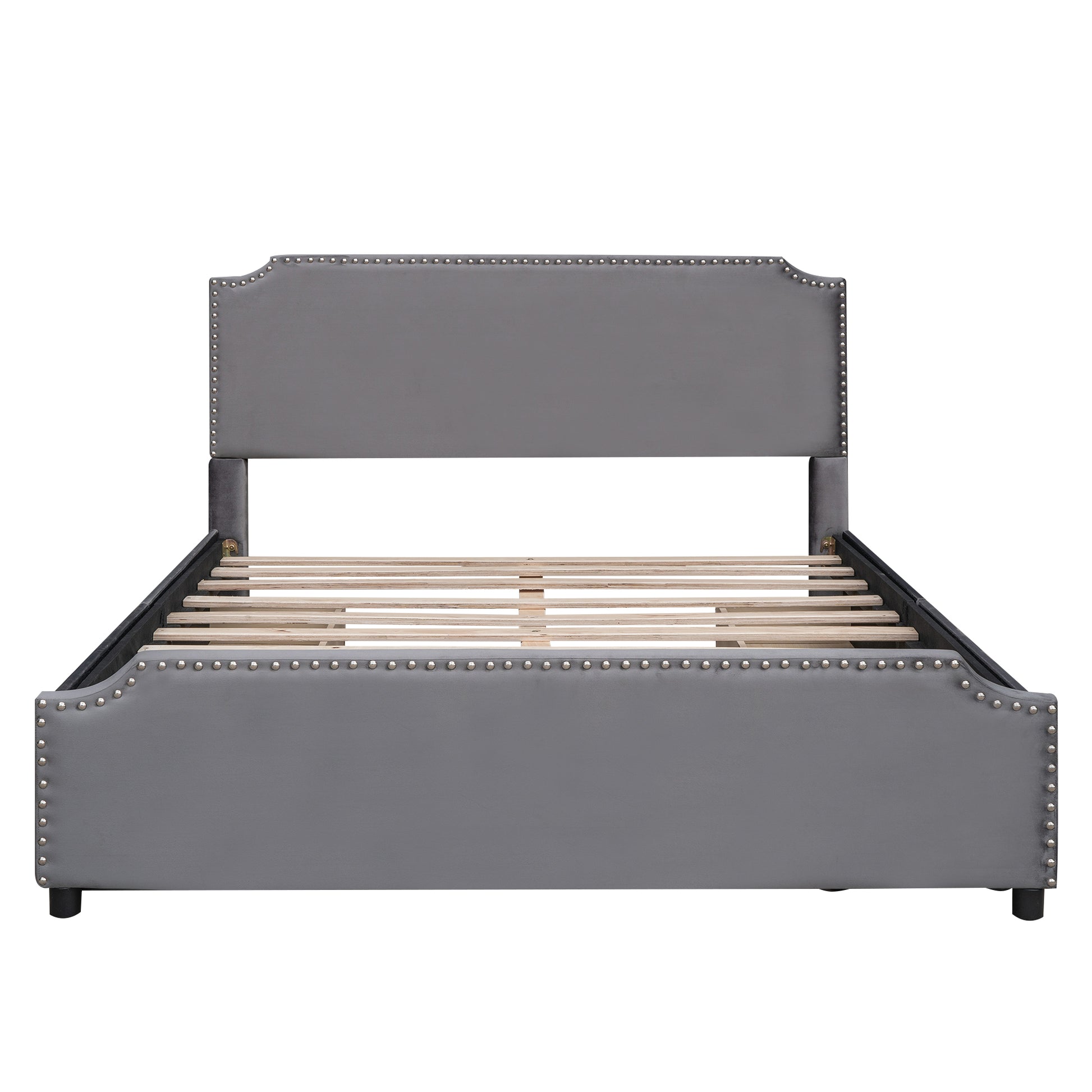 Upholstered Platform Bed With Stud Trim Headboard And Footboard And 4 Drawers No Box Spring Needed, Velvet Fabric, Queen Size Gray Queen Gray Upholstered