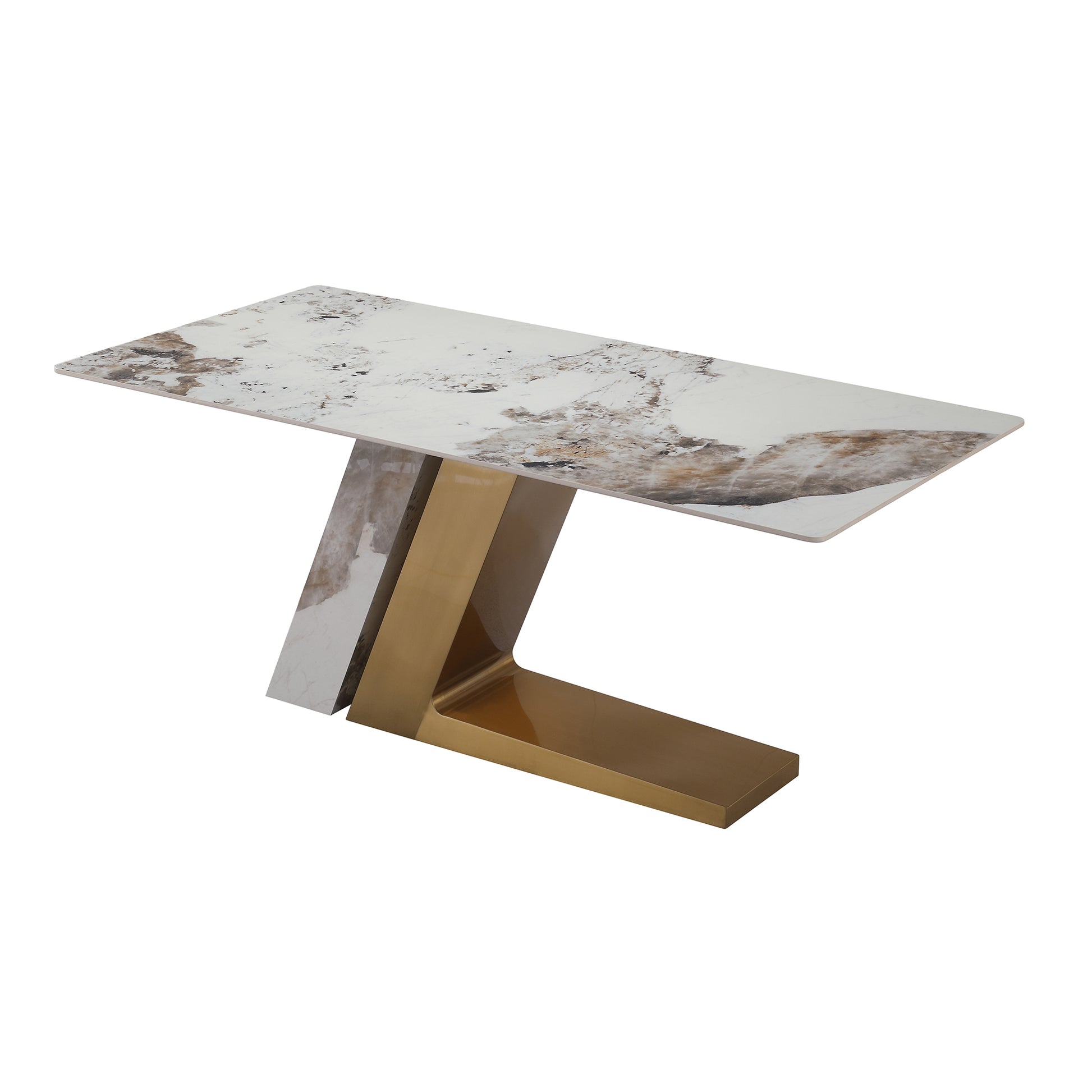 71"Modern Rectangle Dining Table For 6 8 Seat, Marble Dining Table With Sintered Stone Pandora Tabletop And L Shape Stainless Steel & Stone Slate Base Only Table Brown White Metal Metal