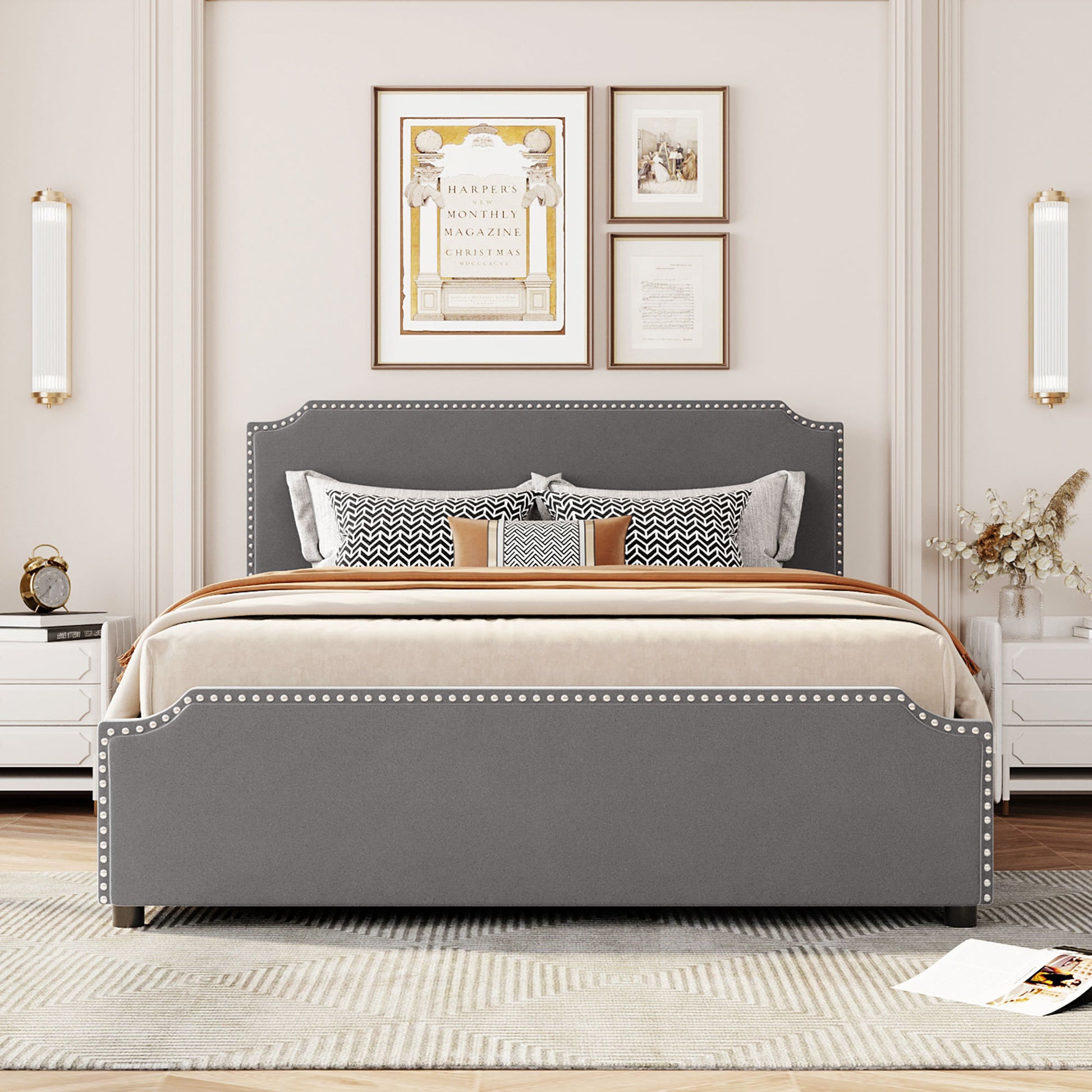 Upholstered Platform Bed With Stud Trim Headboard And Footboard And 4 Drawers No Box Spring Needed, Velvet Fabric, Queen Size Gray Queen Gray Upholstered