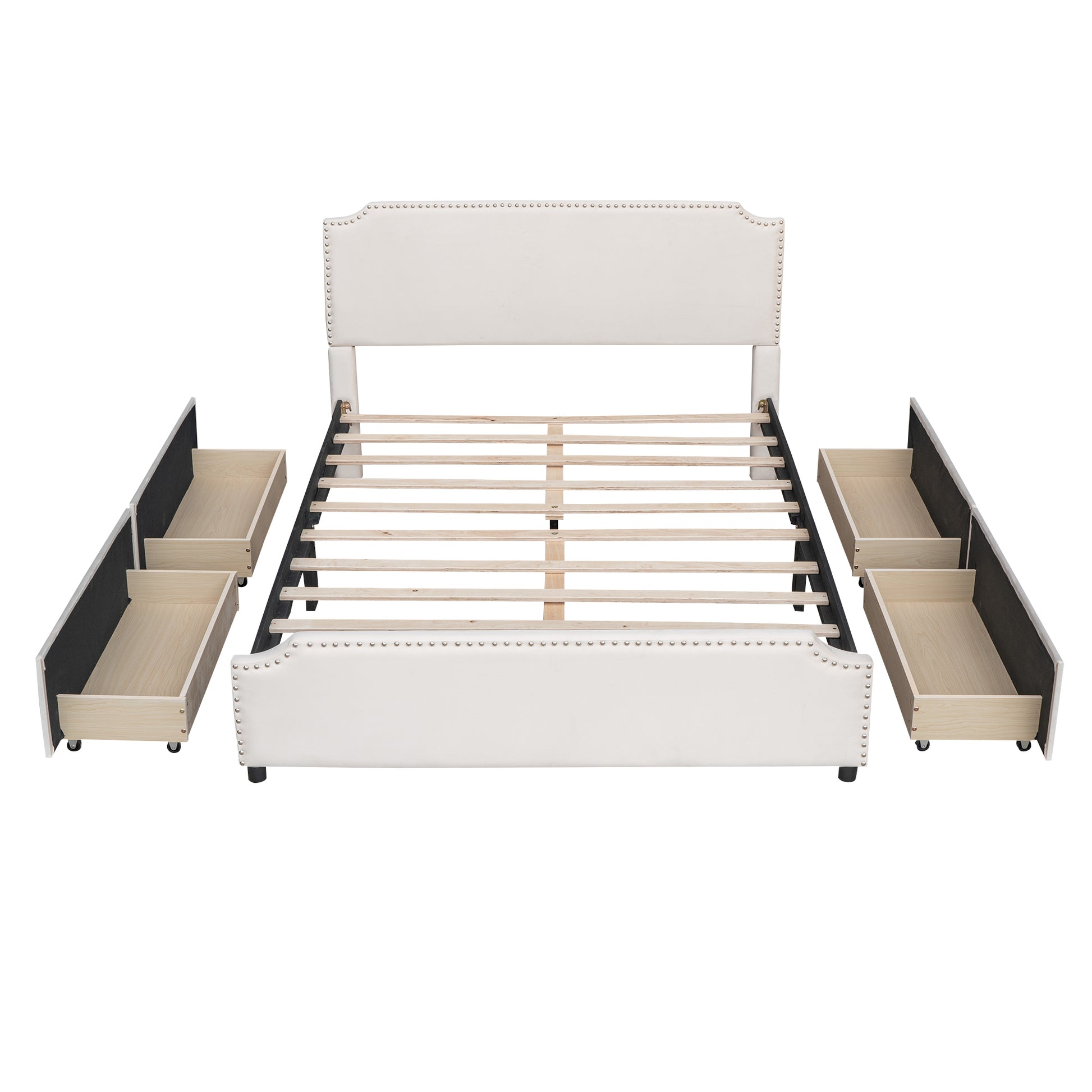 Upholstered Platform Bed With Stud Trim Headboard And Footboard And 4 Drawers No Box Spring Needed, Velvet Fabric, Queen Size Beige Beige Upholstered