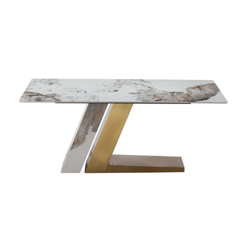 71"Modern Rectangle Dining Table For 6 8 Seat, Marble Dining Table With Sintered Stone Pandora Tabletop And L Shape Stainless Steel & Stone Slate Base Only Table Brown White Metal Metal